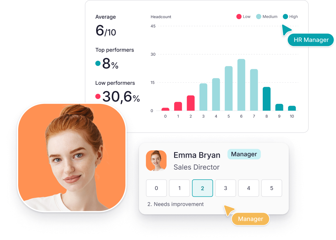 performance management software Factorial widgets that display performance review scales and overview
