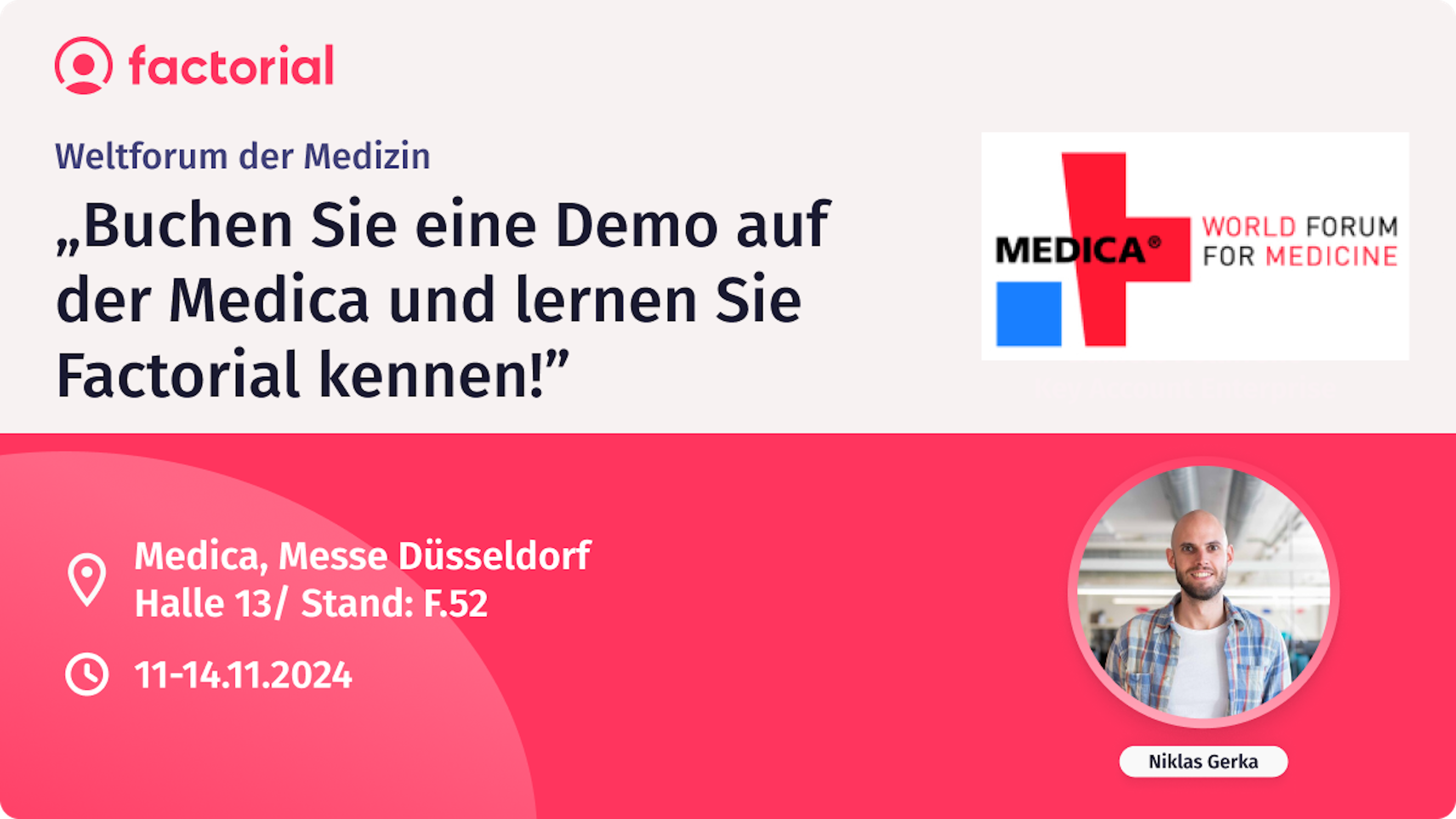Buchen Sie eine Produktdemonstration auf der Medica und lernen Sie Factorial kennen