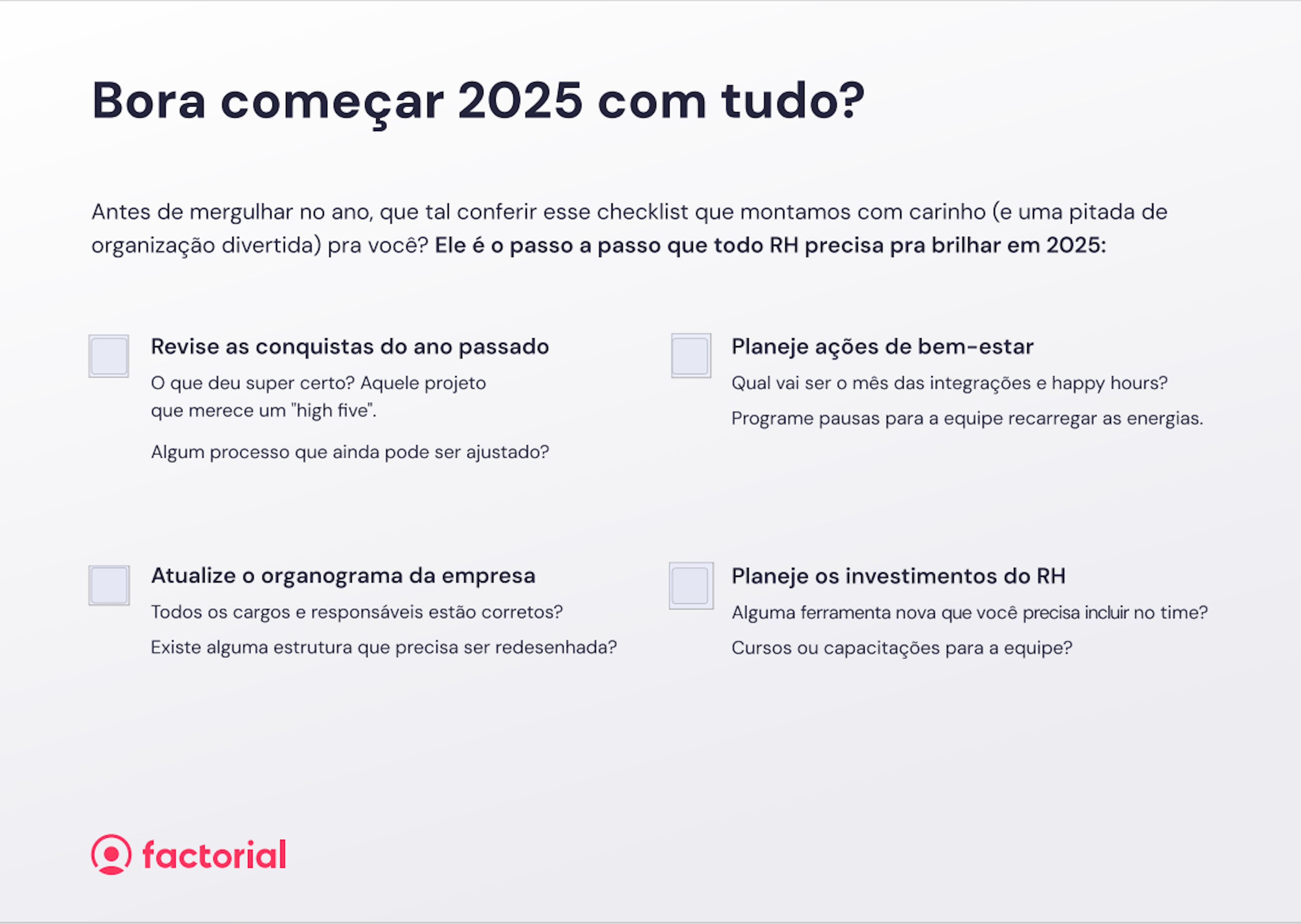 Checklist para o planejamento de 2025 e ações de RH, incluindo revisão de conquistas, atualização de organograma, e planejamento de bem-estar.