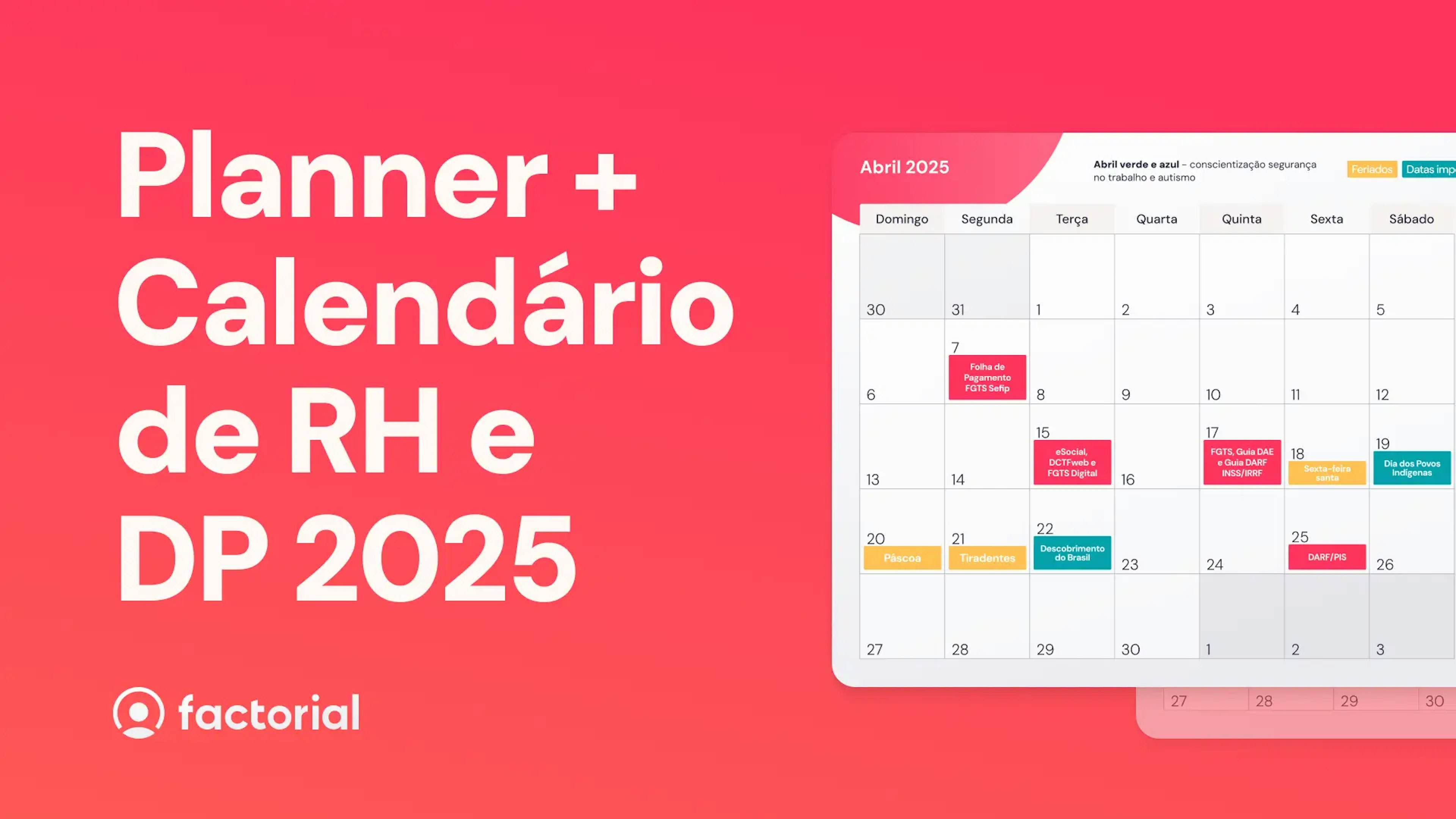 Imagem do planner e calendário de RH e DP para o ano de 2025, apresentando a organização de datas importantes.
