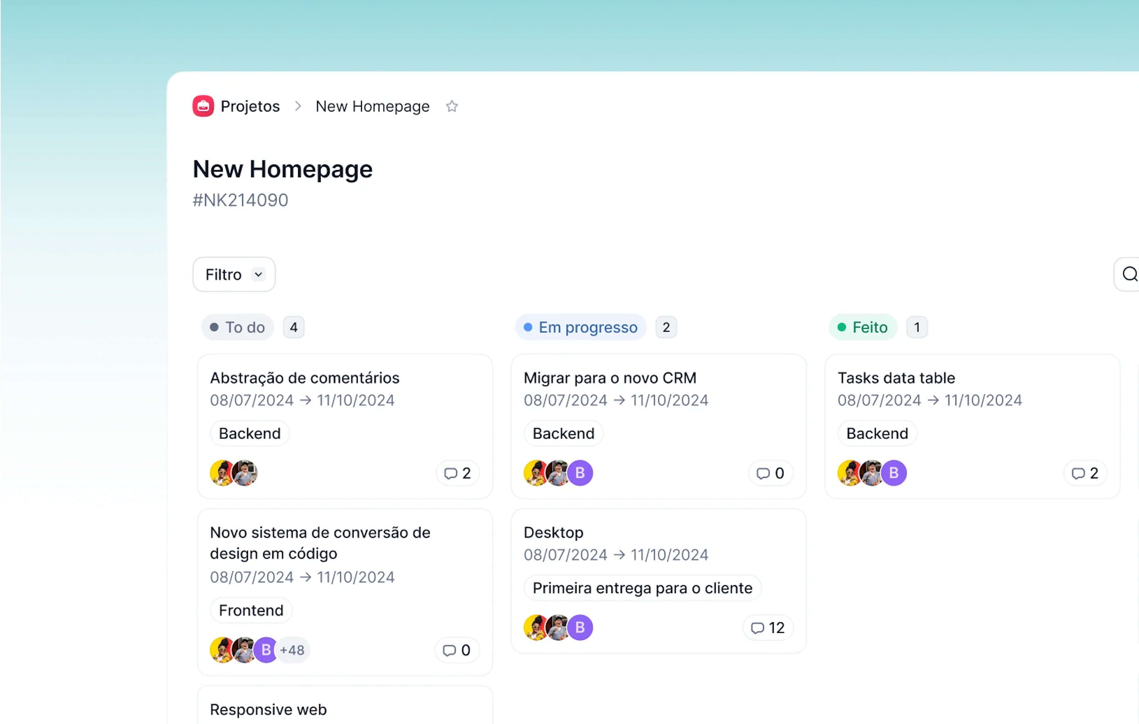 Vista Kanban para tarefas
