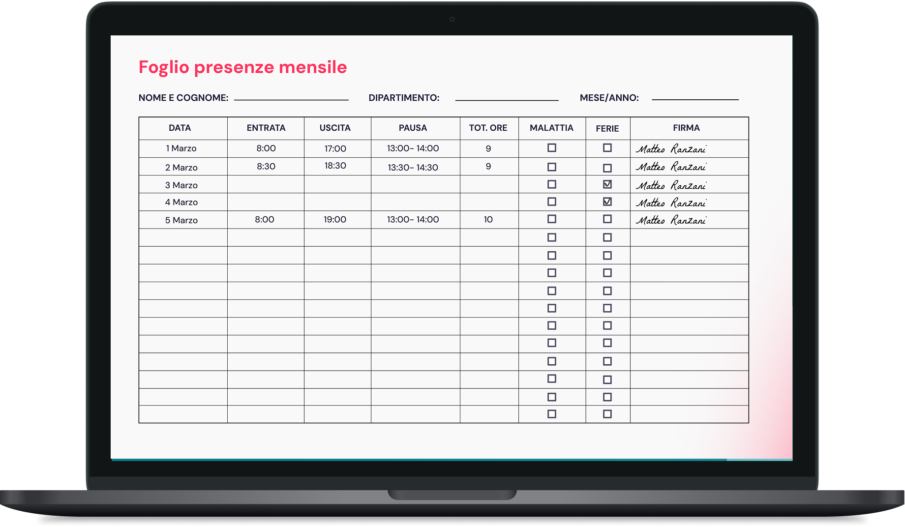 Foglio presenze mensile PDF
Scarica gratis il modello di foglio presenze mensile in PDF di Factorial