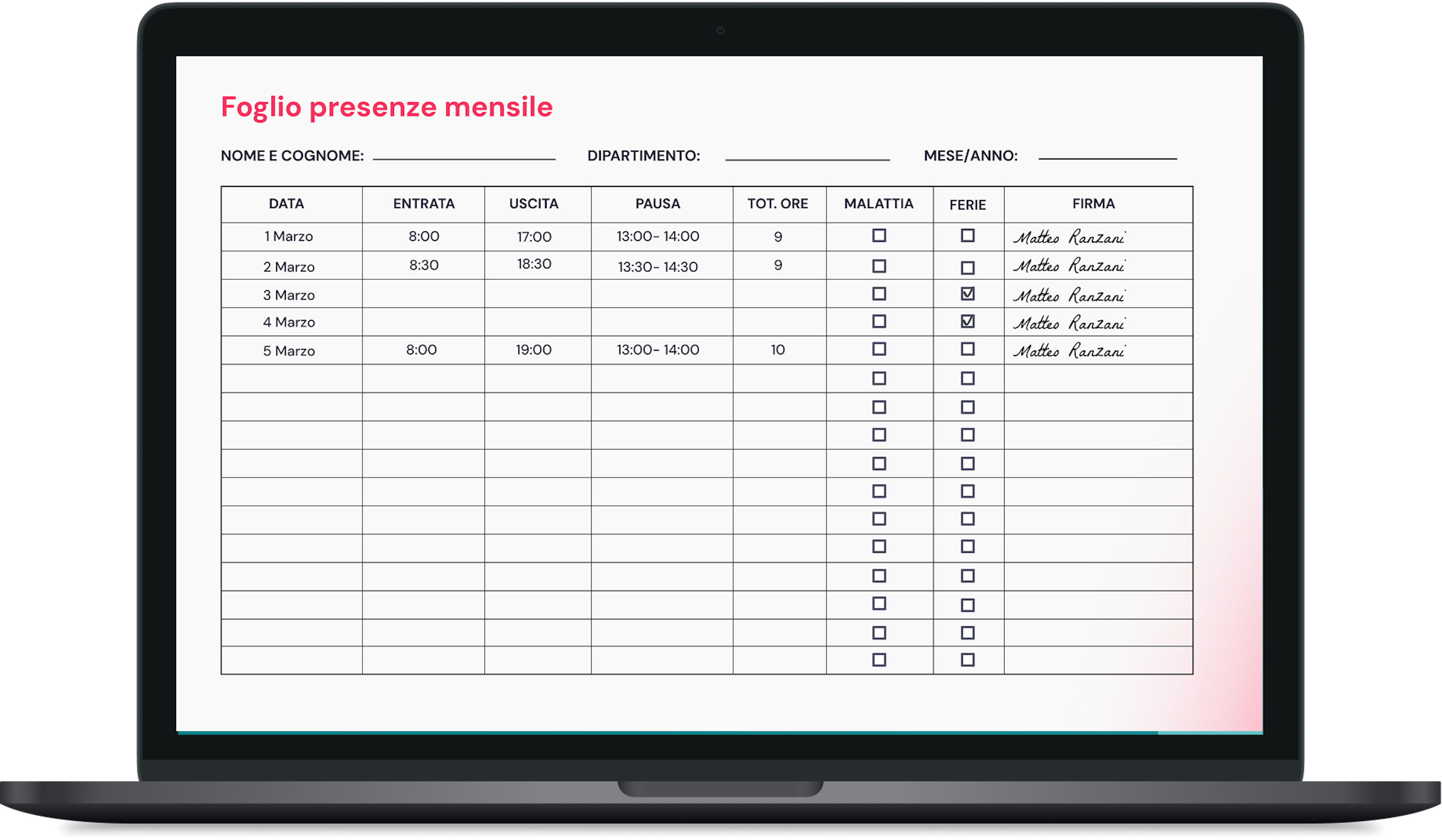 Scarica gratis il modello di foglio presenze mensile in PDF di Factorial