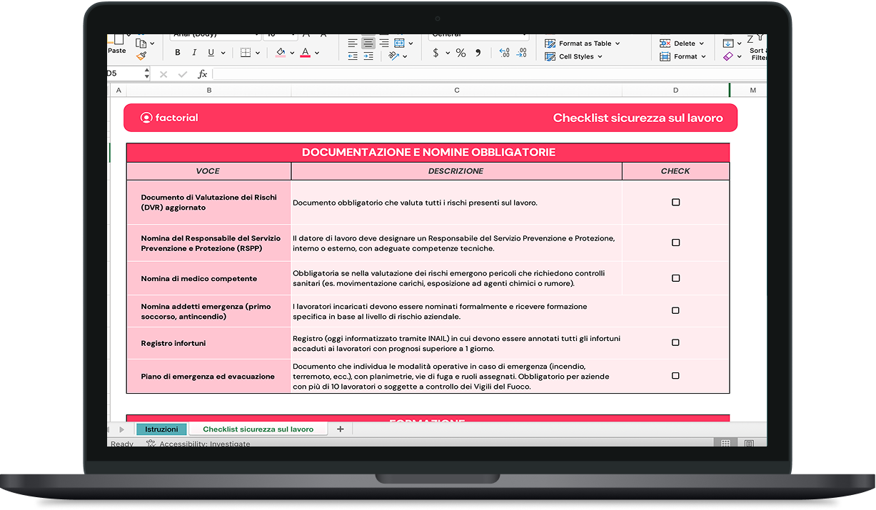 Checklist sicurezza sul lavoro Excel Scarica gratis la checklist per la sicurezza sul lavoro in Excel di Factorial