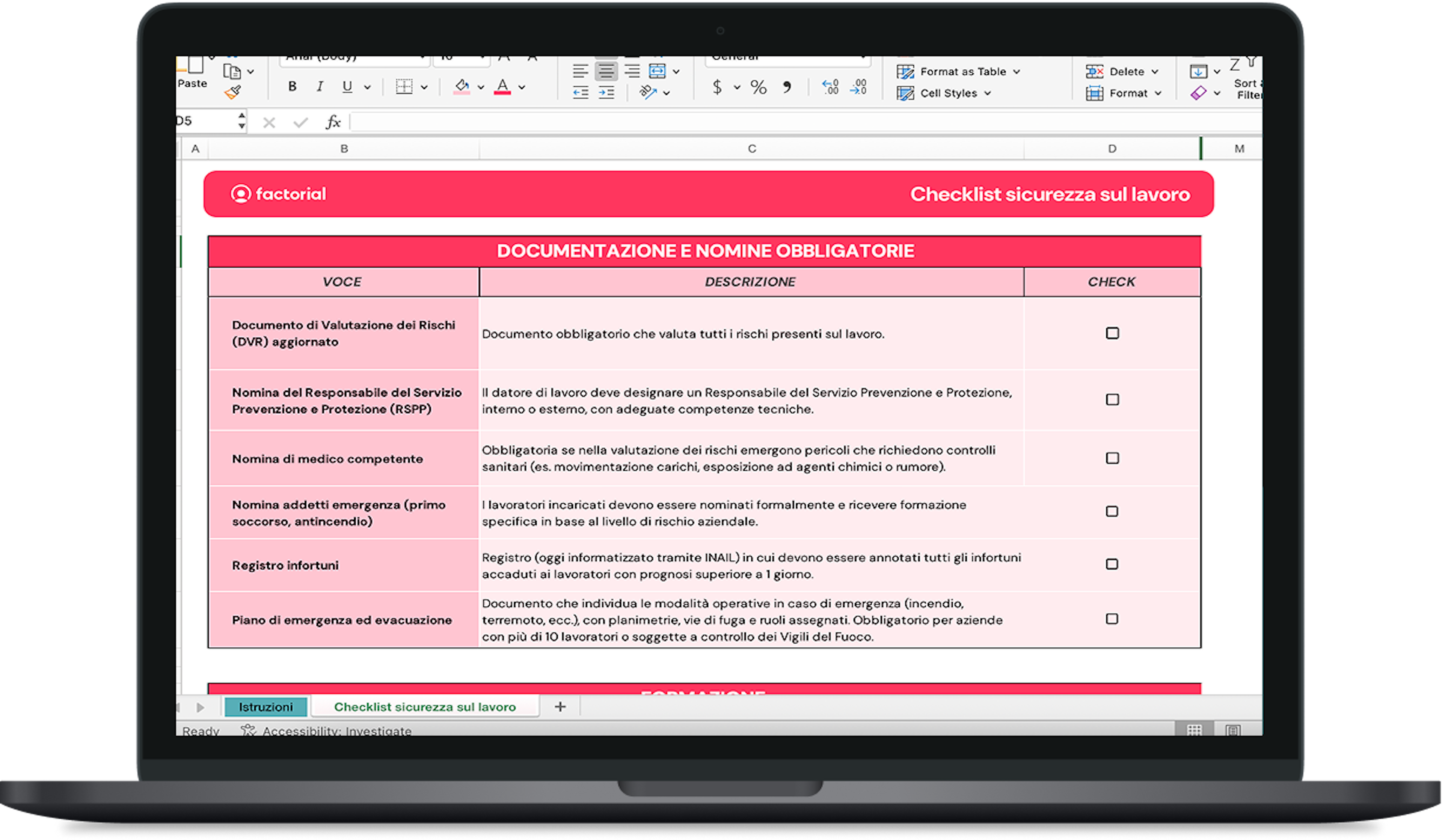 Scarica gratis la checklist per la sicurezza sul lavoro in Excel di Factorial