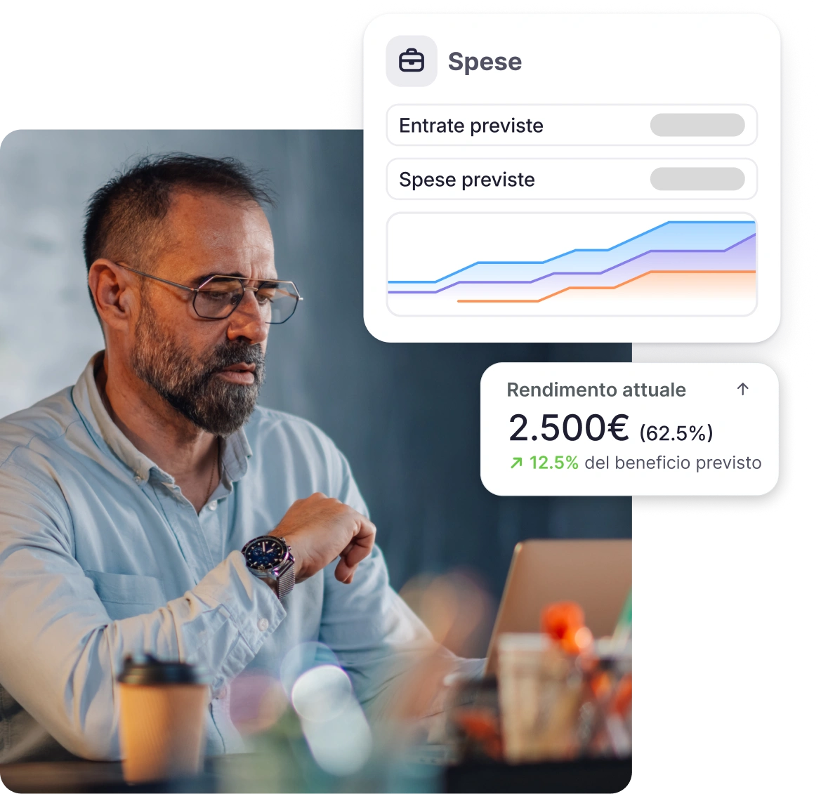 Factorial vs Personio - Gestione dei costi Un manager che visualizza dati di spese e rendimento