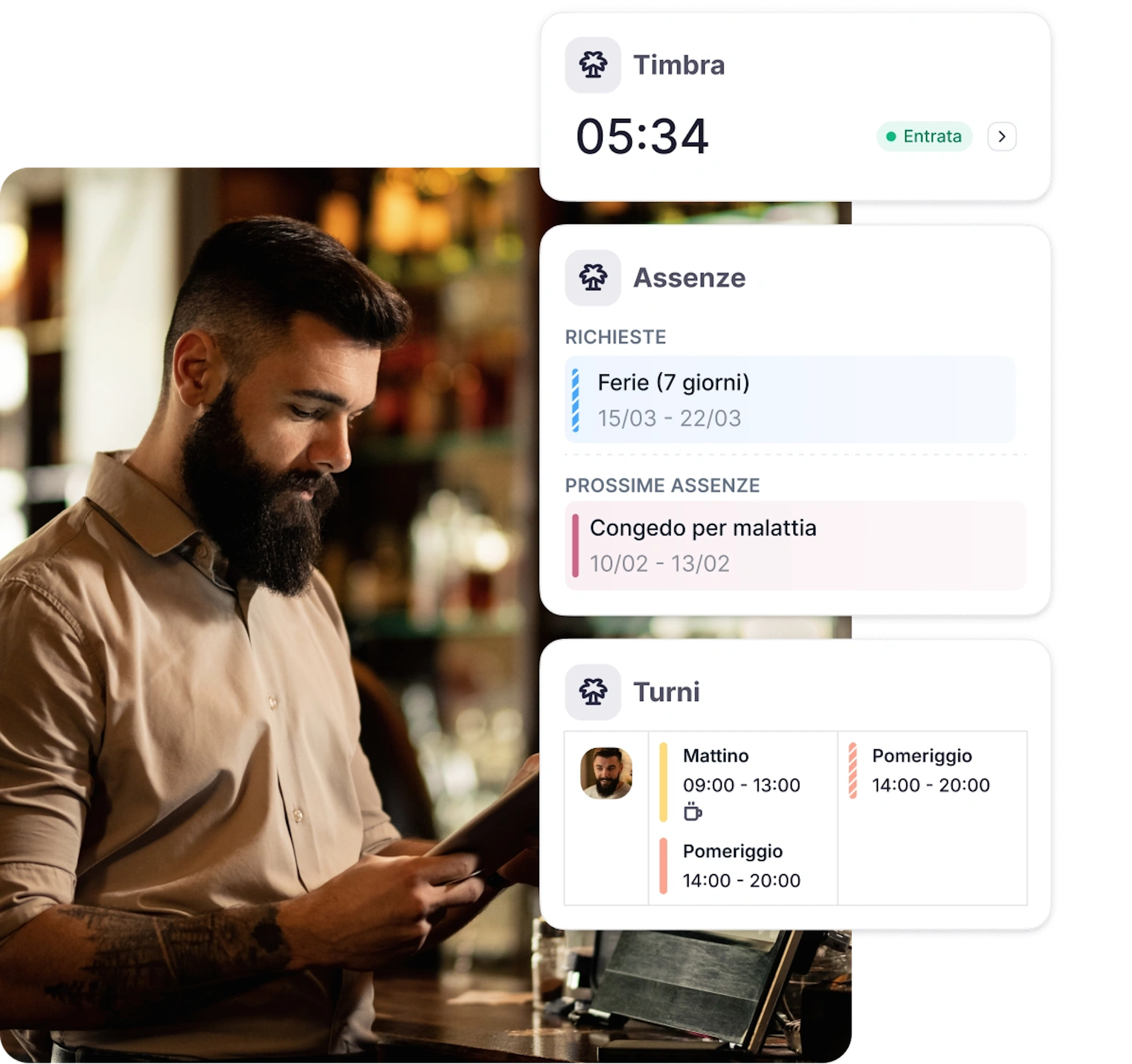 Un dipendente che visualizza assenze, timbrature e turni