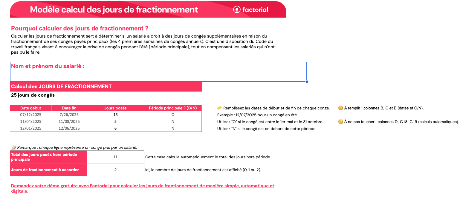 Modèle excel de calcul des jours de fractionnement Modèle excel de calcul des jours de fractionnement