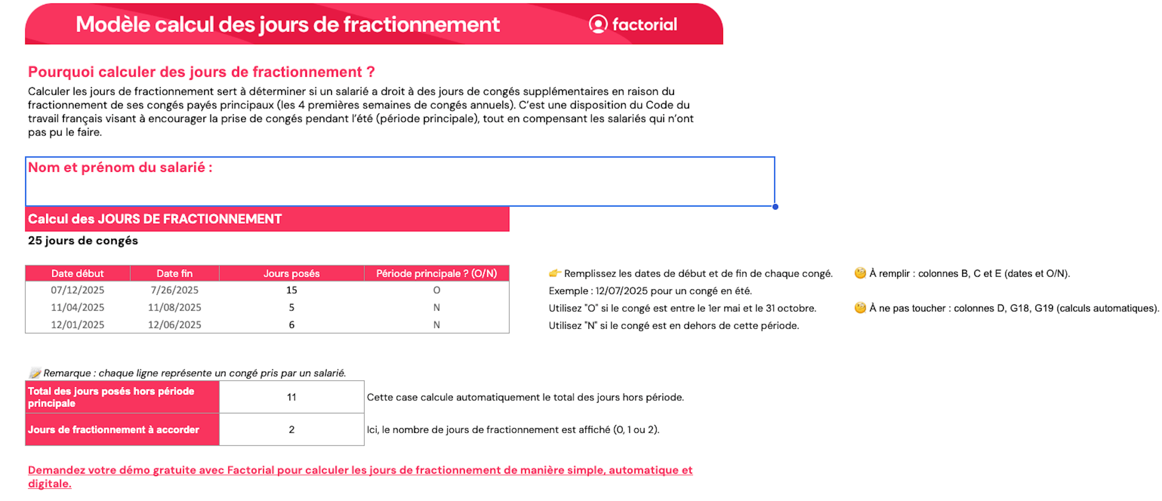 Modèle excel de calcul des jours de fractionnement