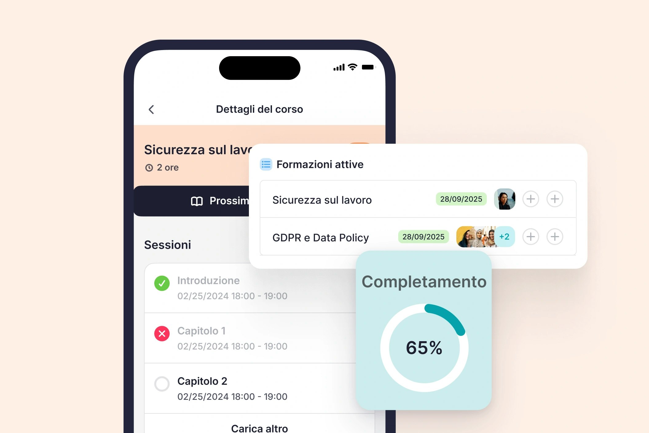 Formazioni aziendali Schermata di formazione aziendale dall'app di Factorial