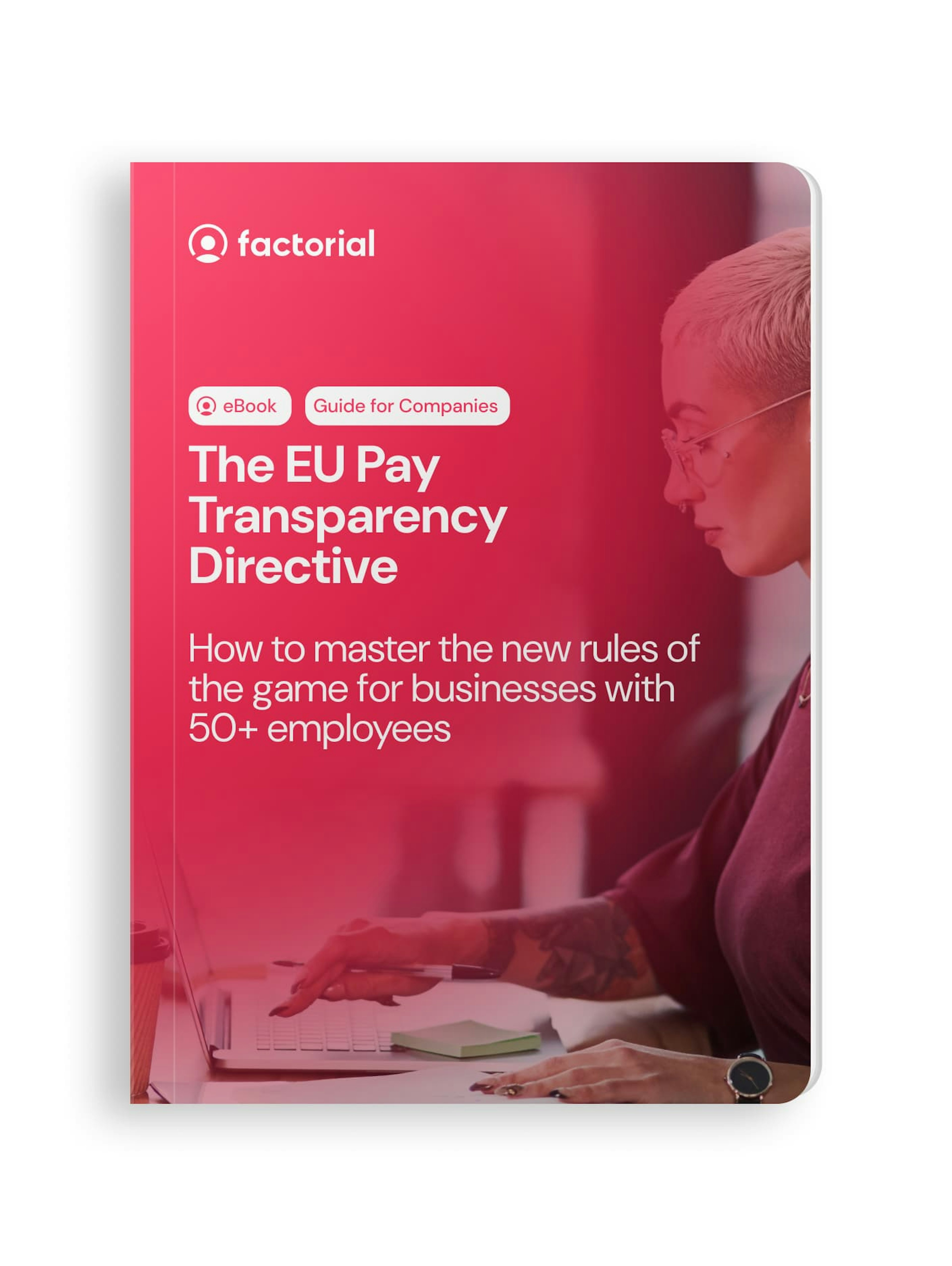 The title: The EU pay transparency directive, with a woman typing in the background