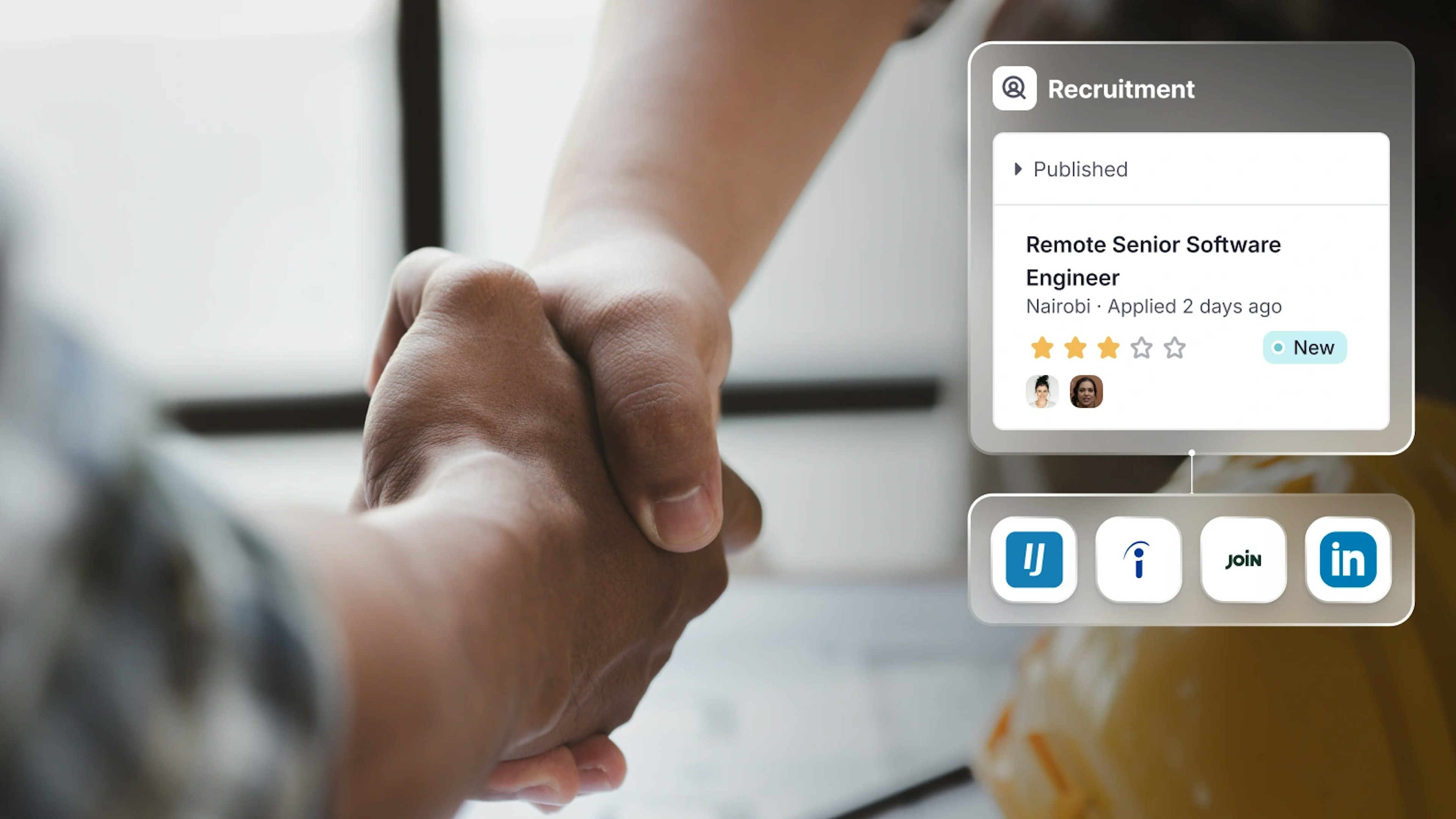 Two people shaking hands, with an overlay of Factorial's recruitment function