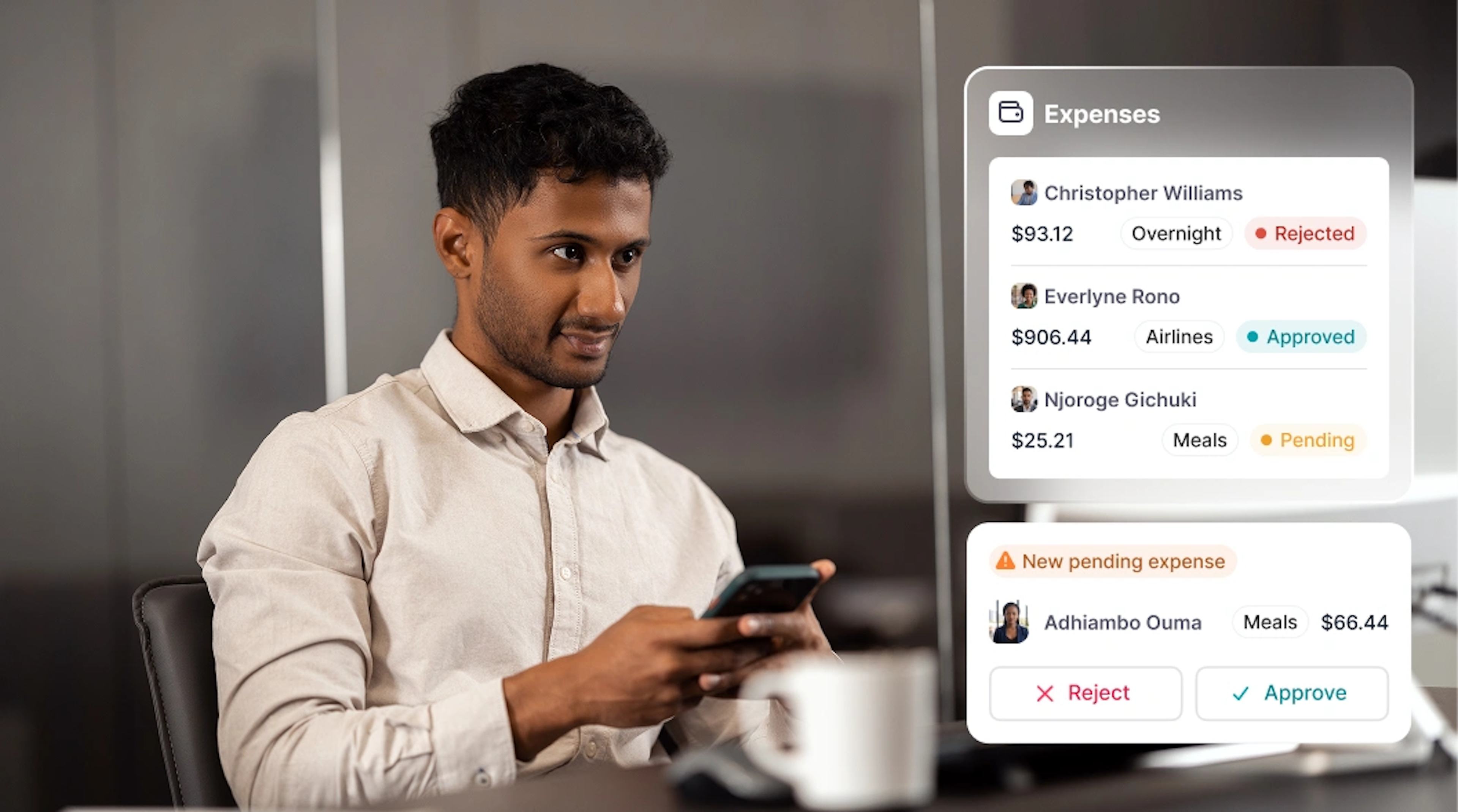 A man working at his desk, with an overlay of Factorial's expense management feature