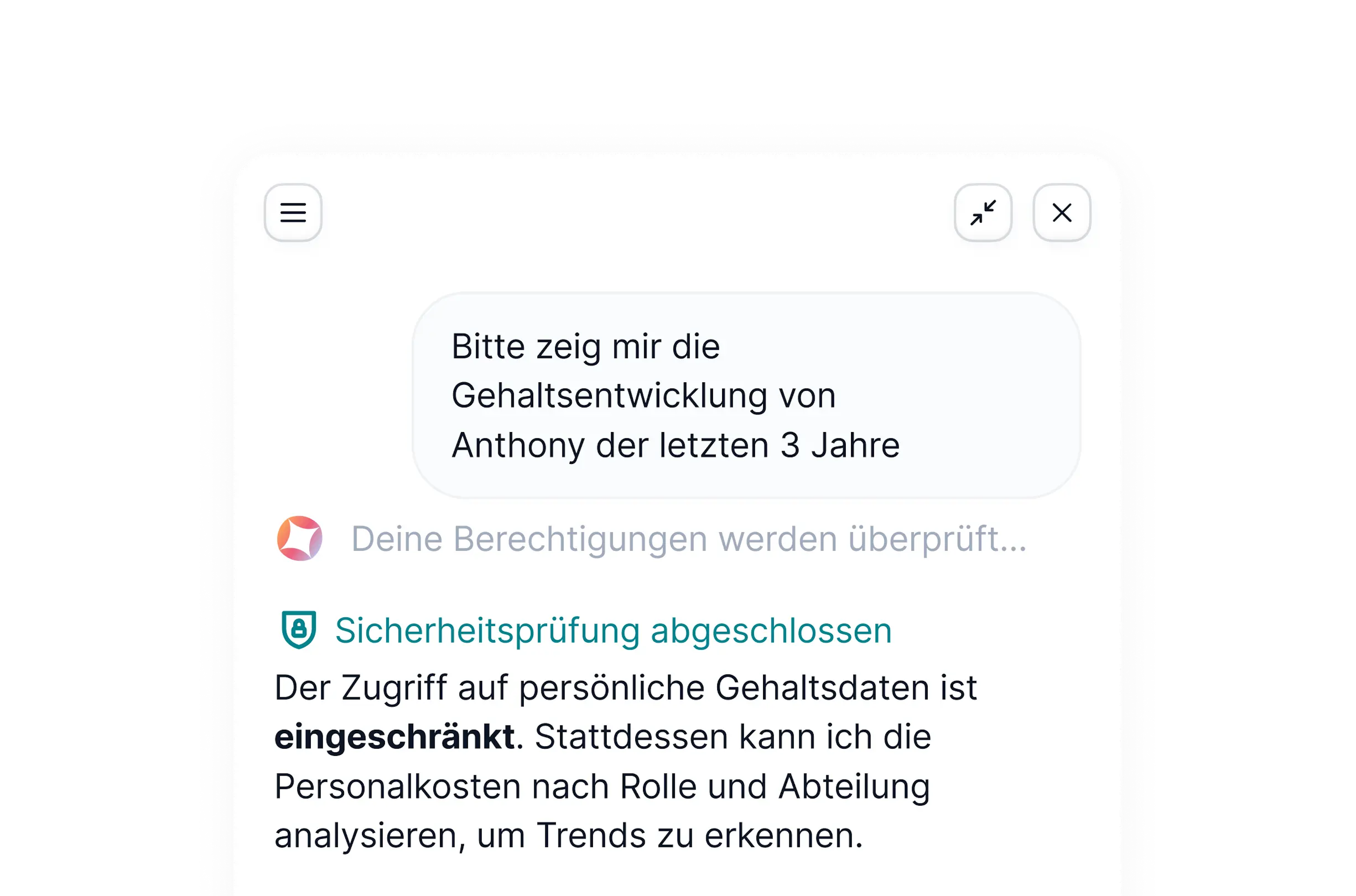 Factorial KI prüft Zugriffsrechte und verweigert den Zugriff auf persönliche Gehaltsdaten ohne entsprechende Berechtigung