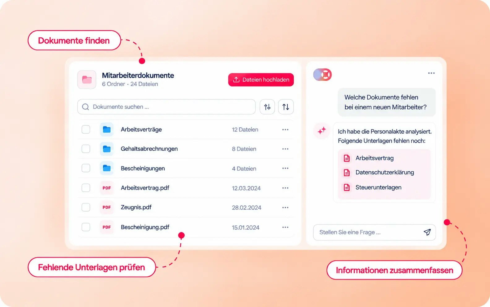 Factorial One unterstützt HR Teams dabei, Dokumente und Informationen schneller zu finden, fehlende Unterlagen zu erkennen und Inhalte zusammenzufassen. Digitale Personalakte mit Factorial One, das Dokumente findet, fehlende Unterlagen prüft und Informationen zusammenfasst.