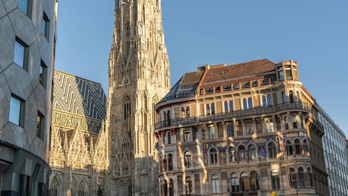 Der Stephansdom in Wien mit einer geschäftigen Menschenmenge an einem klaren Tag, die die lebhafte städtische Atmosphäre einfängt.
