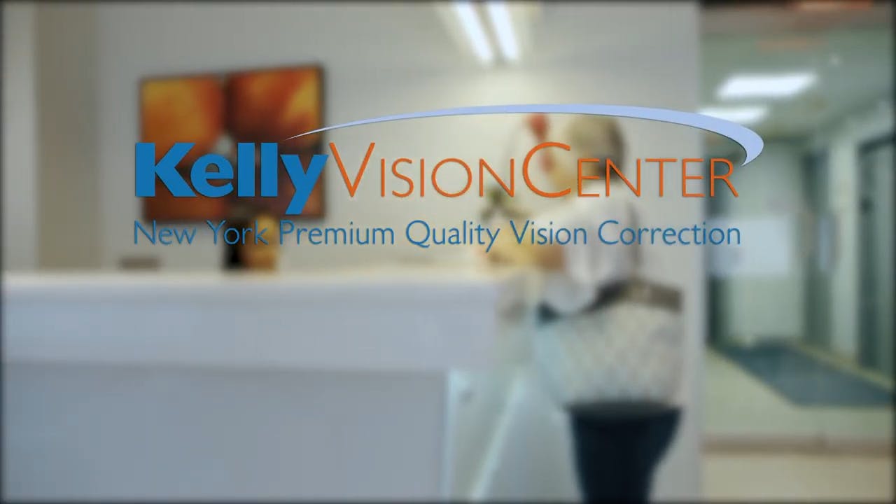 picture of Kelly Vision Center reception area with focus on decal on door window