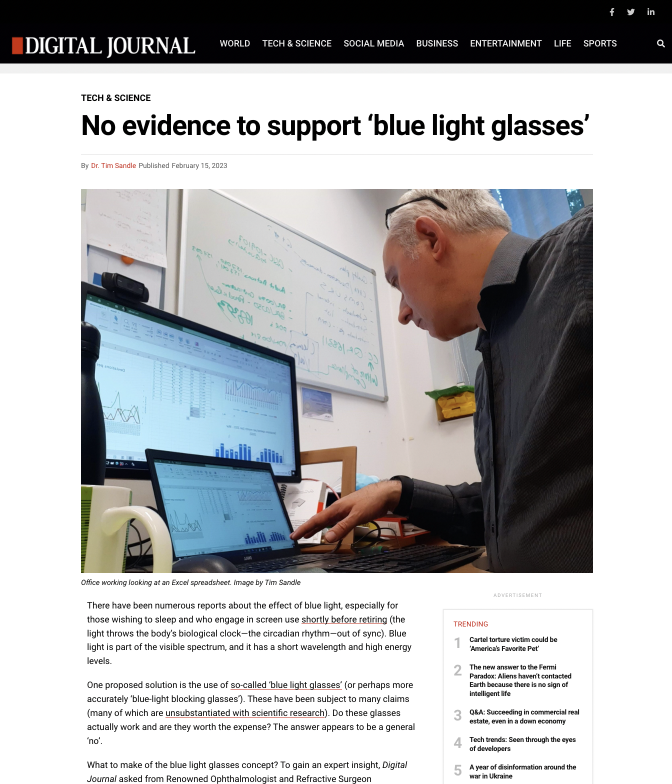 Screenshot of the Digital Journal article covering blue light glasses