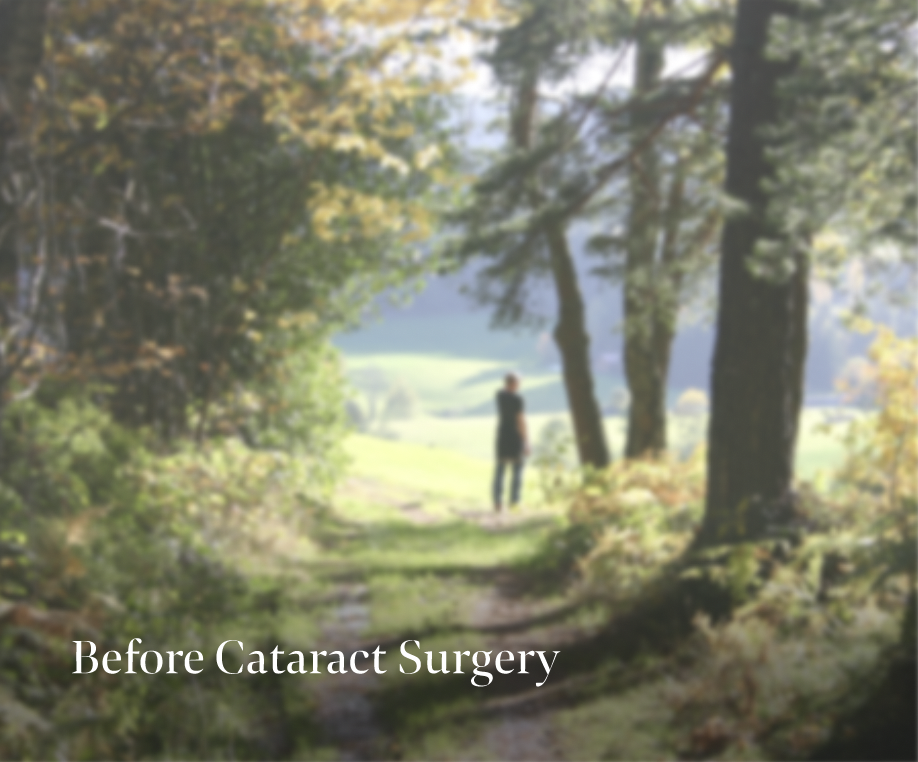 Blurred Cloud Vision before cataract surgery with man at end of trail