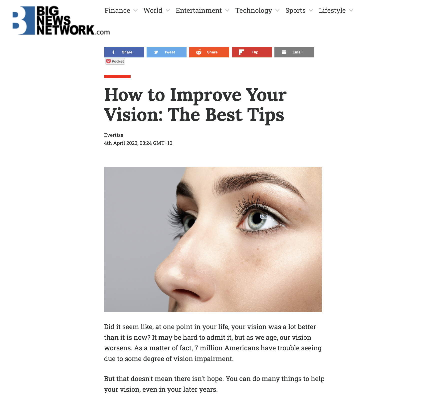 Screenshot of article by Big News Network.com of digital article on improving vision