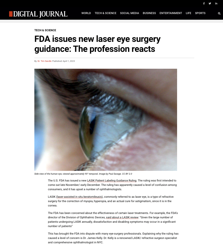 Screenshot of article in Digital Journal covering FDA's guidance on laser eye surgery