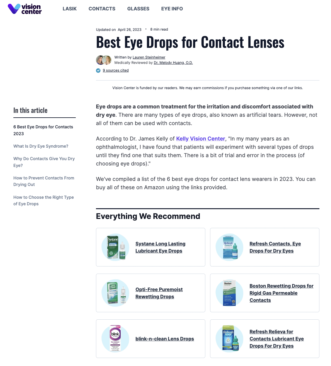 Screenshot of article by Vision Center on the Best Eye Drops for Contact Lenses