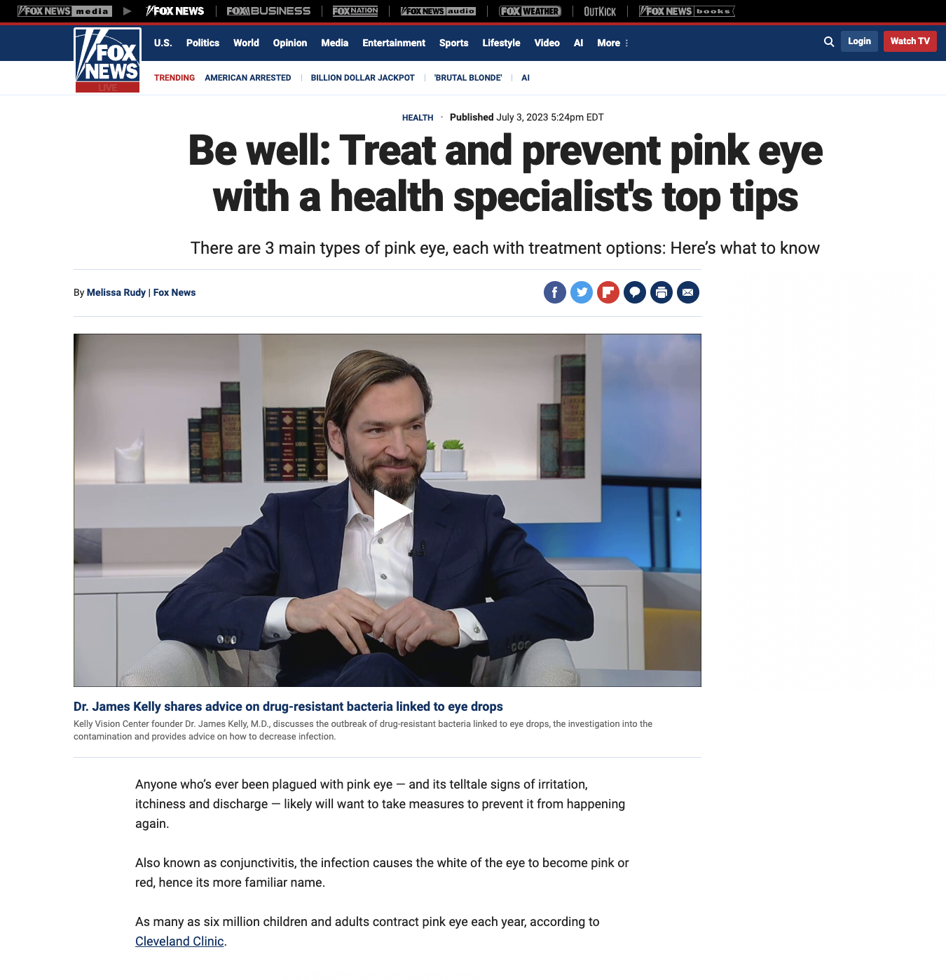 Screenshot of Fox article on pink eye featuring Dr. James Kelly