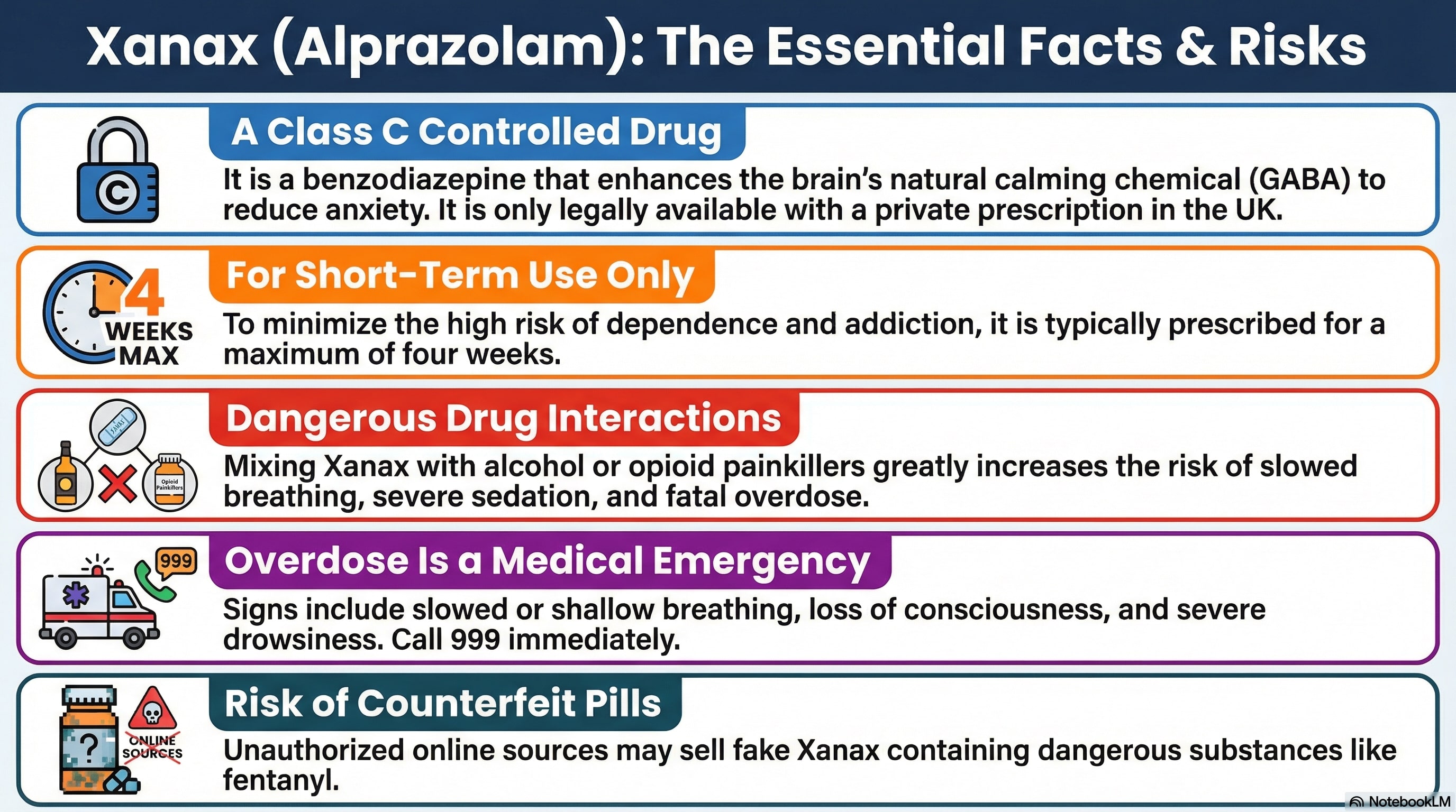 Infographic outlining Xanax (alprazolam) essential facts and risks in the UK: Class C controlled benzodiazepine, short term use up to four weeks, dangerous interactions with alcohol or opioids, overdose emergency warning (call 999), and risk of counterfeit pills containing fentanyl.