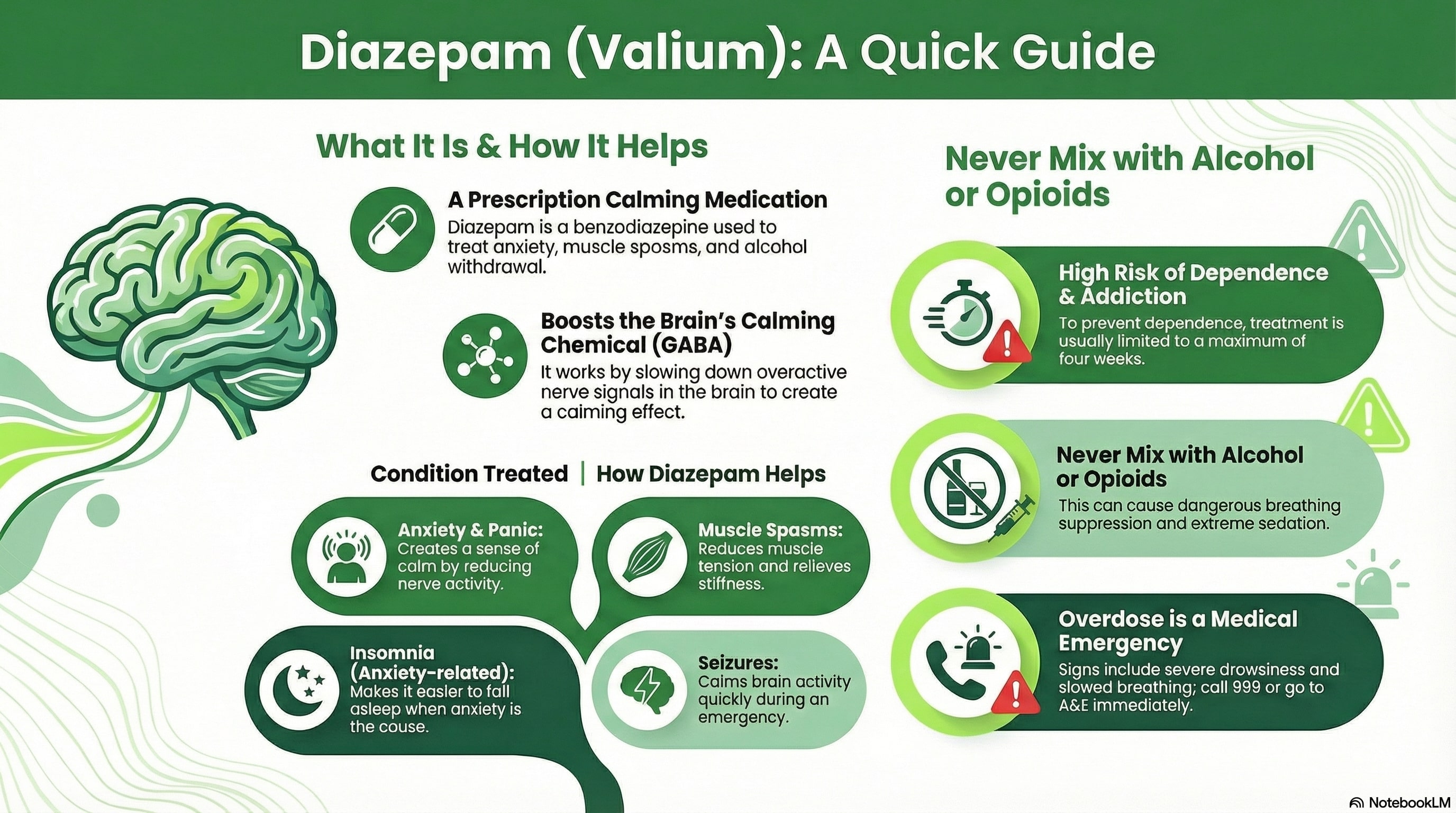 Diazepam (Valium) quick guide infographic showing how this benzodiazepine calms the brain (GABA), what it’s used for like anxiety, panic, insomnia, muscle spasms and seizures, and key safety warnings about dependence, never mixing with alcohol or opioids, and overdose being an emergency.