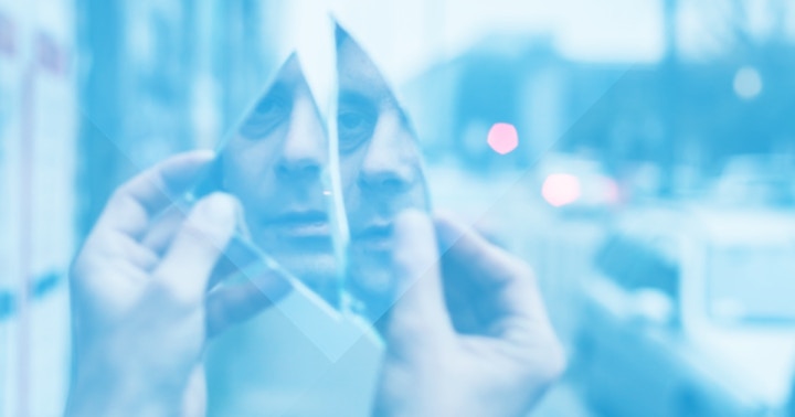 The Fourth Step To Sobriety Recovering addict looking at his fractured reflection in a mirror.