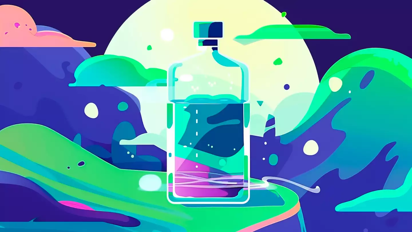 A depiction of an alcohol bottle, more than half full