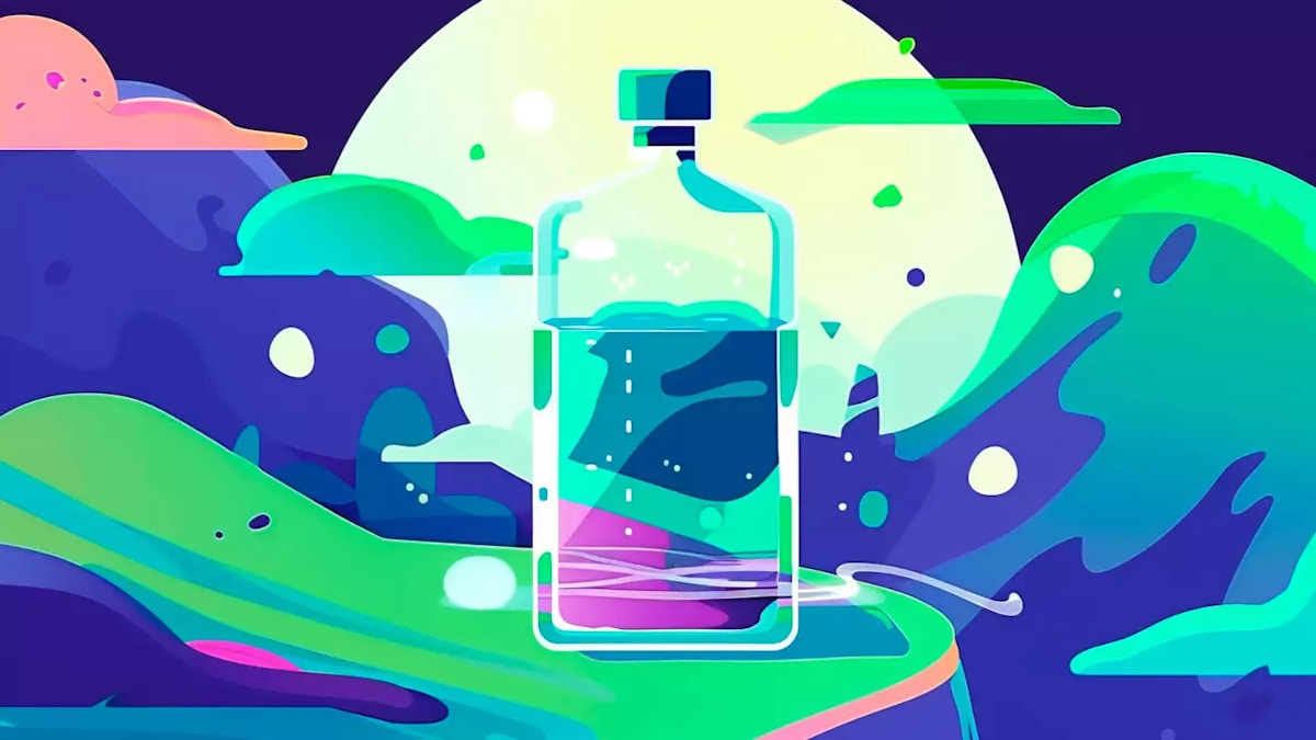 A depiction of an alcohol bottle, more than half full.