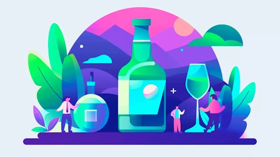 A depiction of different types of alcohol bottles and alcoholics.
