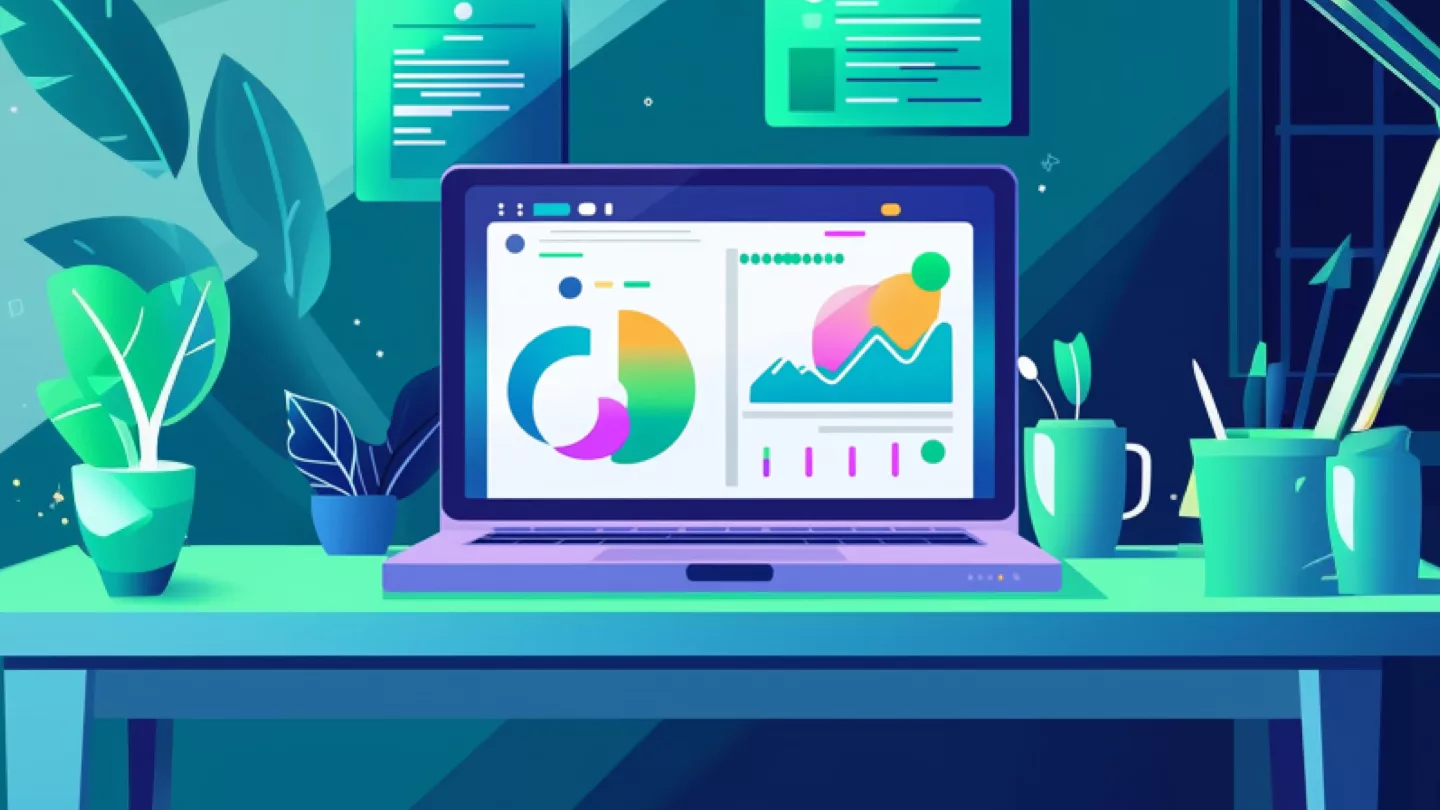 Professional office desk with an open laptop displaying a clean data dashboard with colorful treatment success metrics and graphs, physical certificates visible on wall behind