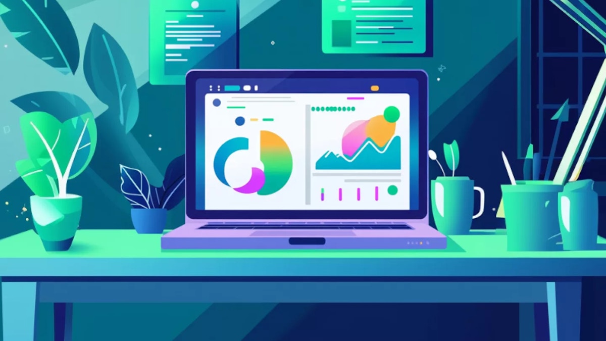 Professional office desk with an open laptop displaying a clean data dashboard with colorful treatment success metrics and graphs, physical certificates visible on wall behind