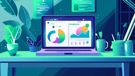 Professional office desk with an open laptop displaying a clean data dashboard with colorful treatment success metrics and graphs, physical certificates visible on wall behind