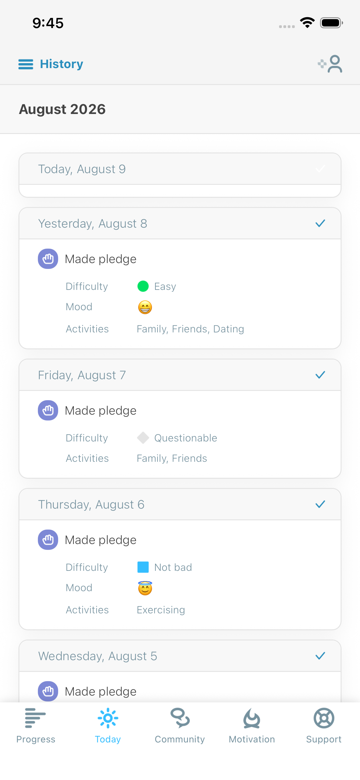 Daily reflection screenshot showing difficulty, mood, and activities