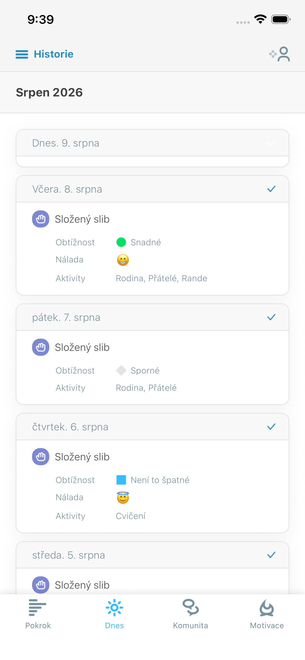 Snímek obrazovky denního zhodnocení s obtížností, náladou a aktivitami