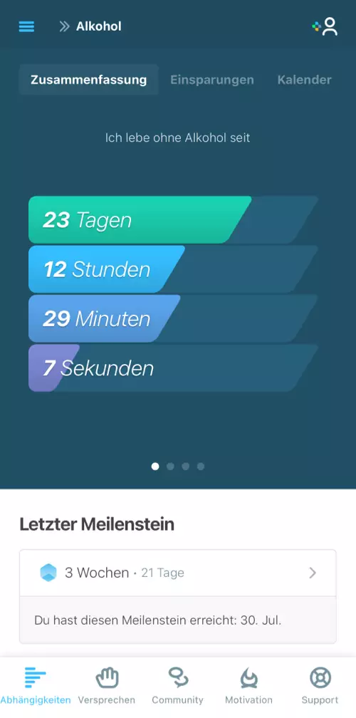 Der Nüchternheits-Tracker zeigt, wie lange du bereits von deiner Sucht nüchtern bist