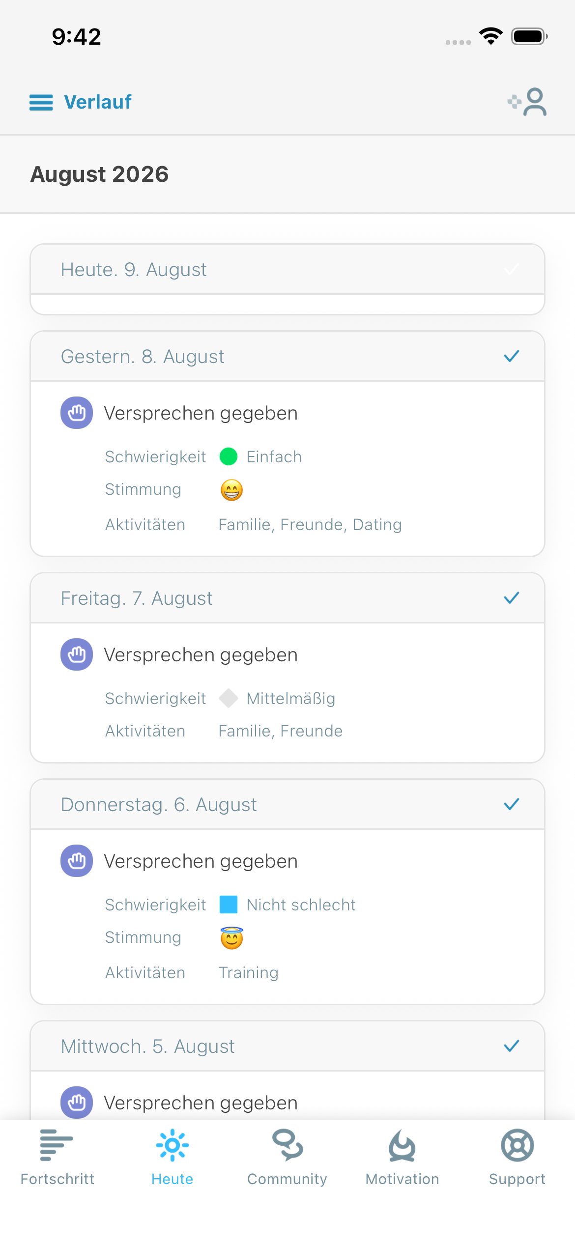 Screenshot der täglichen Reflexion mit Schwierigkeit, Stimmung und Aktivitäten