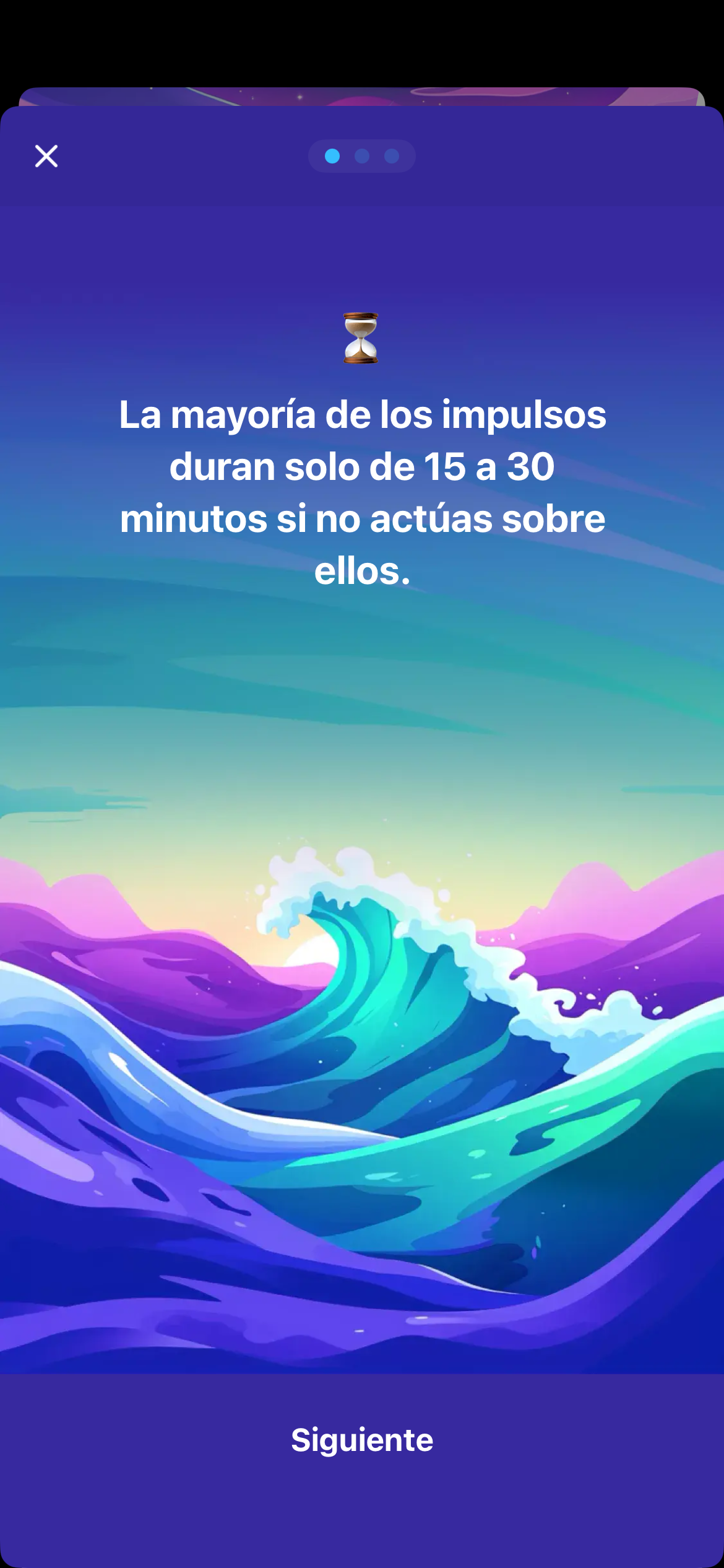 Pantalla de un ejercicio con mensajes de ánimo para resistir los impulsos
