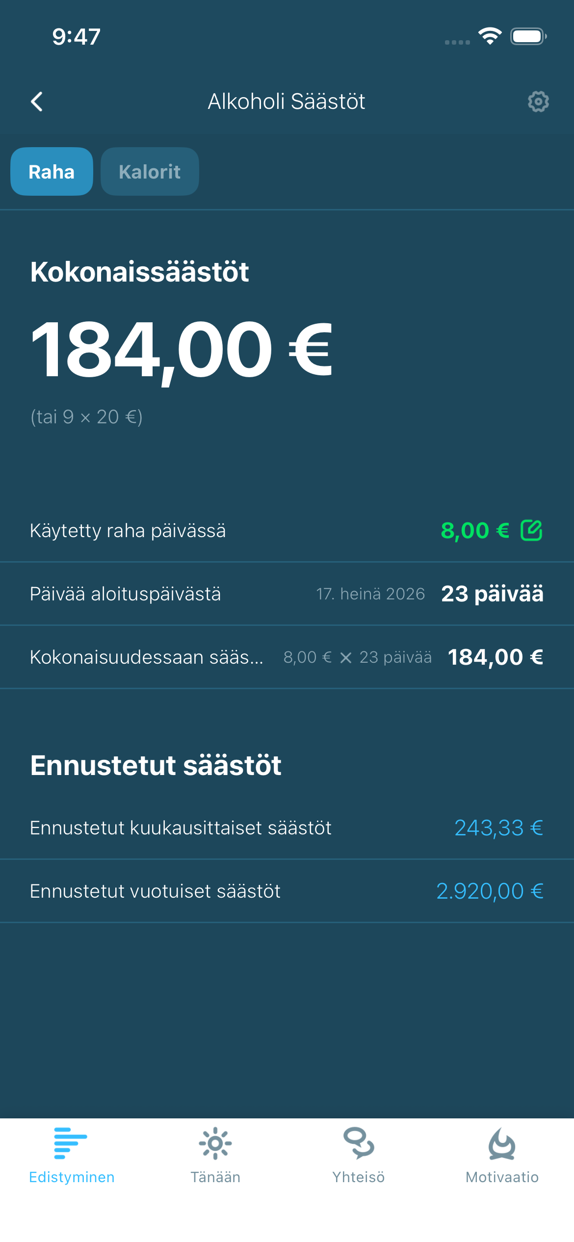 Kuvitus alkoholin säästöistä ja edistymisestä