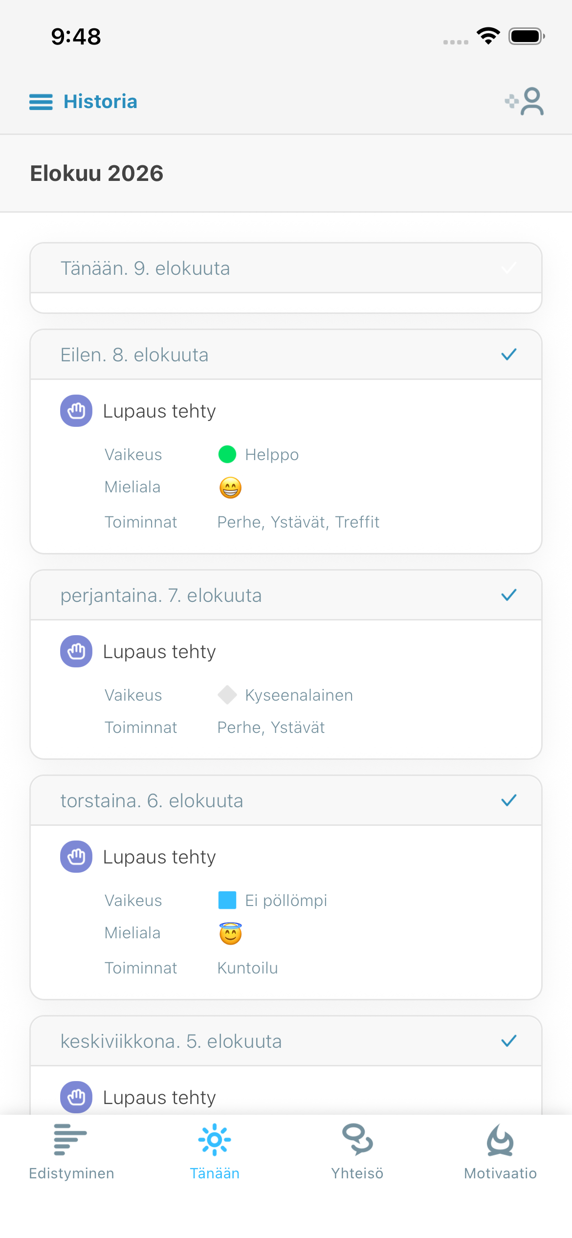 Kuvakaappaus päivittäisestä pohdinnasta, jossa näkyvät vaikeus, mieliala ja toiminnot
