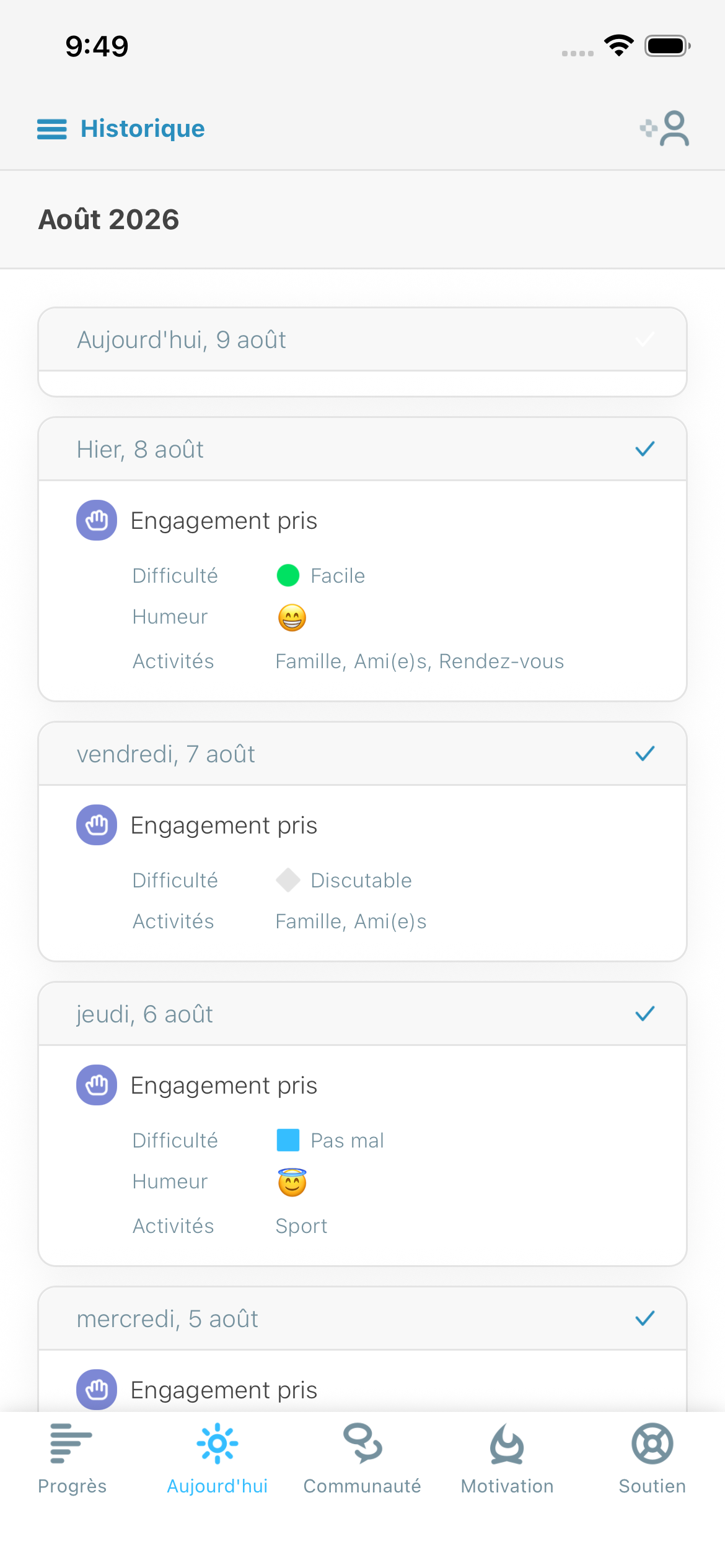 Capture d’écran du bilan quotidien montrant la difficulté, l’humeur et les activités