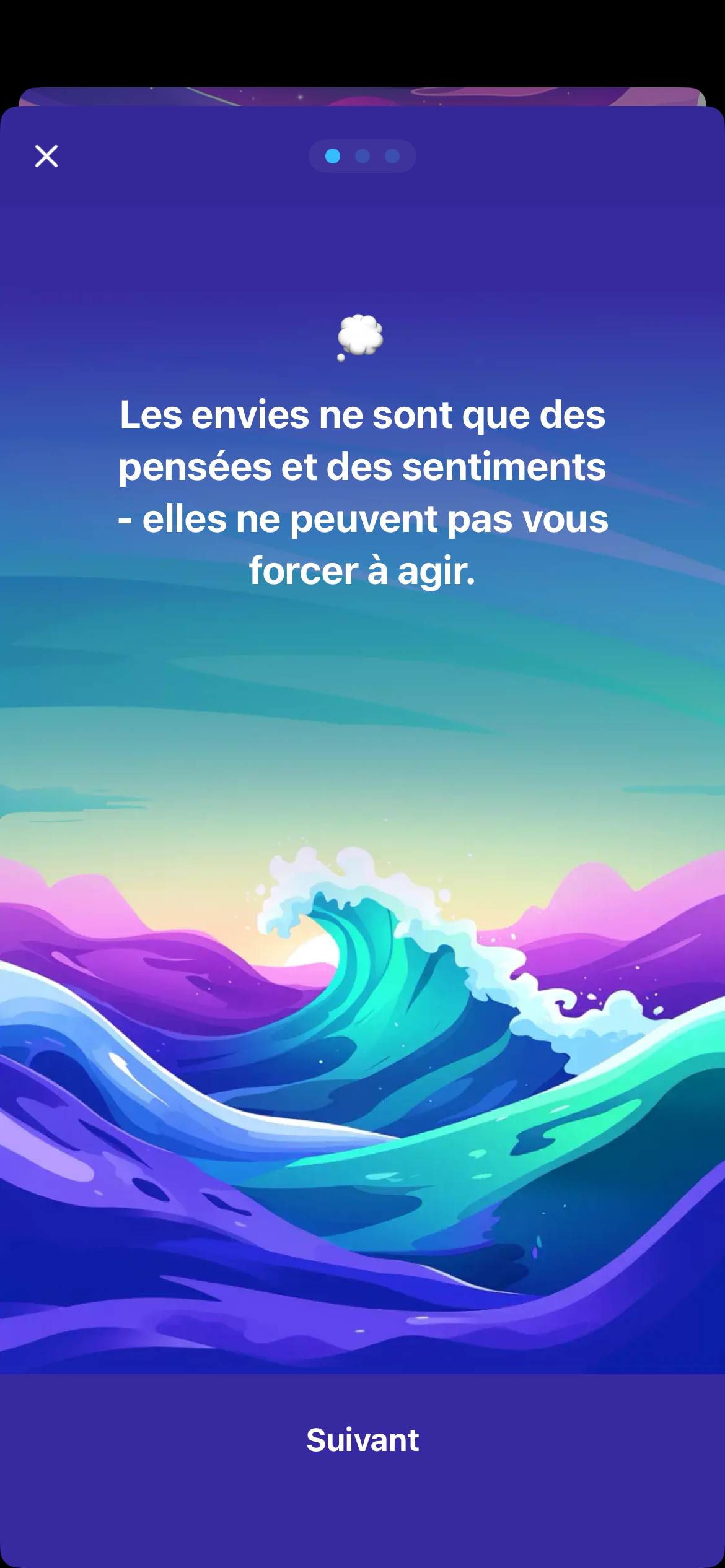 Écran d’un exercice d’adaptation avec un message encourageant à résister aux envies