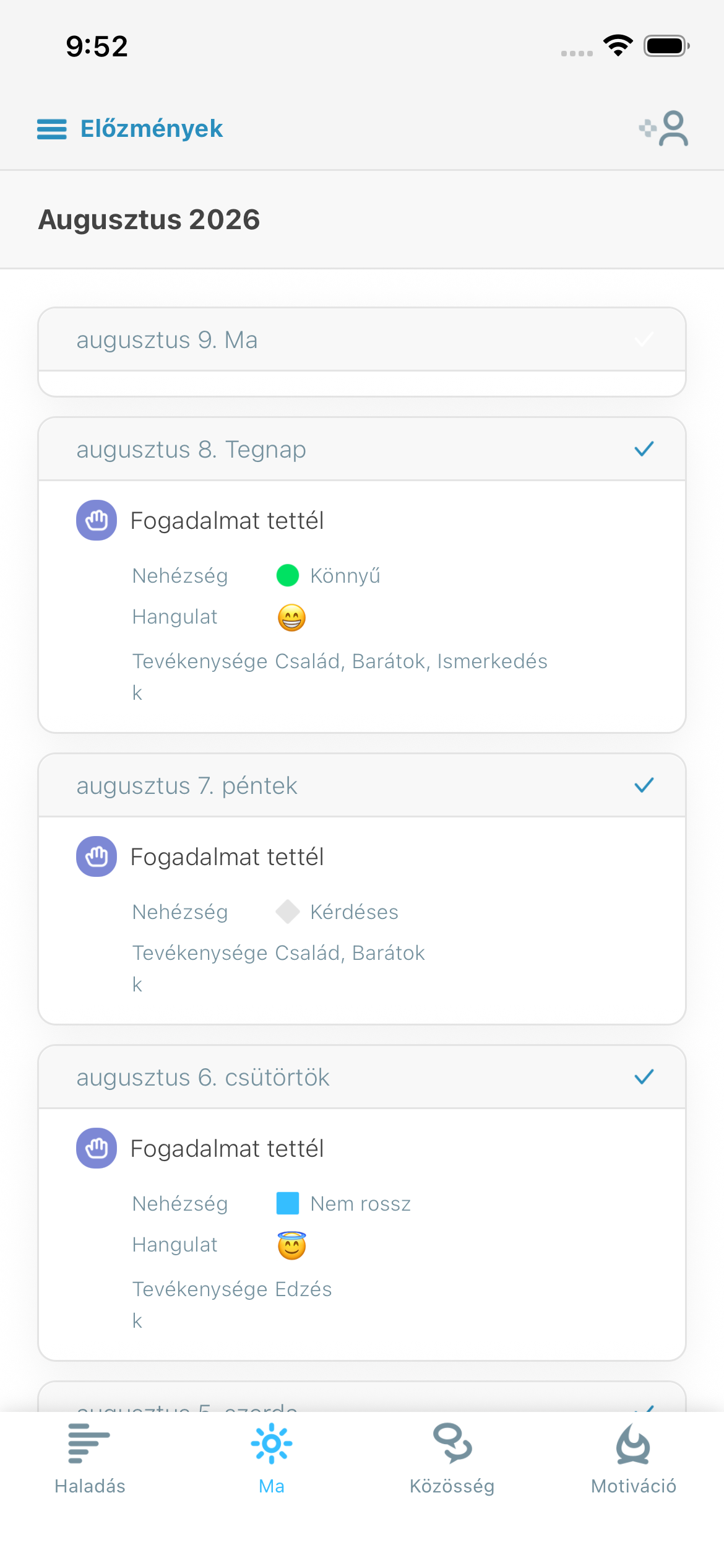 Napi értékelés képernyőképe, amely a nehézséget, a hangulatot és a tevékenységeket mutatja