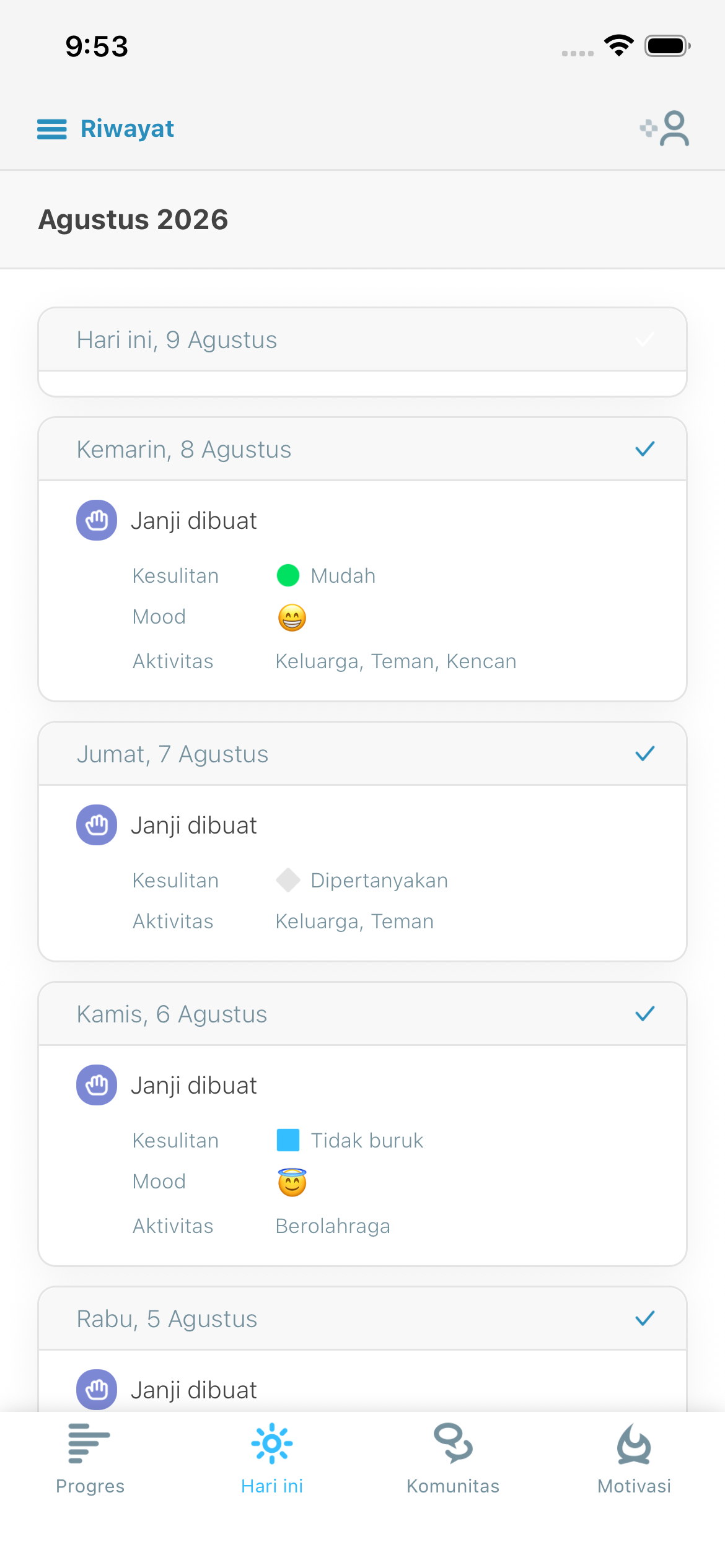Daily reflection screenshot showing difficulty, mood, and activities