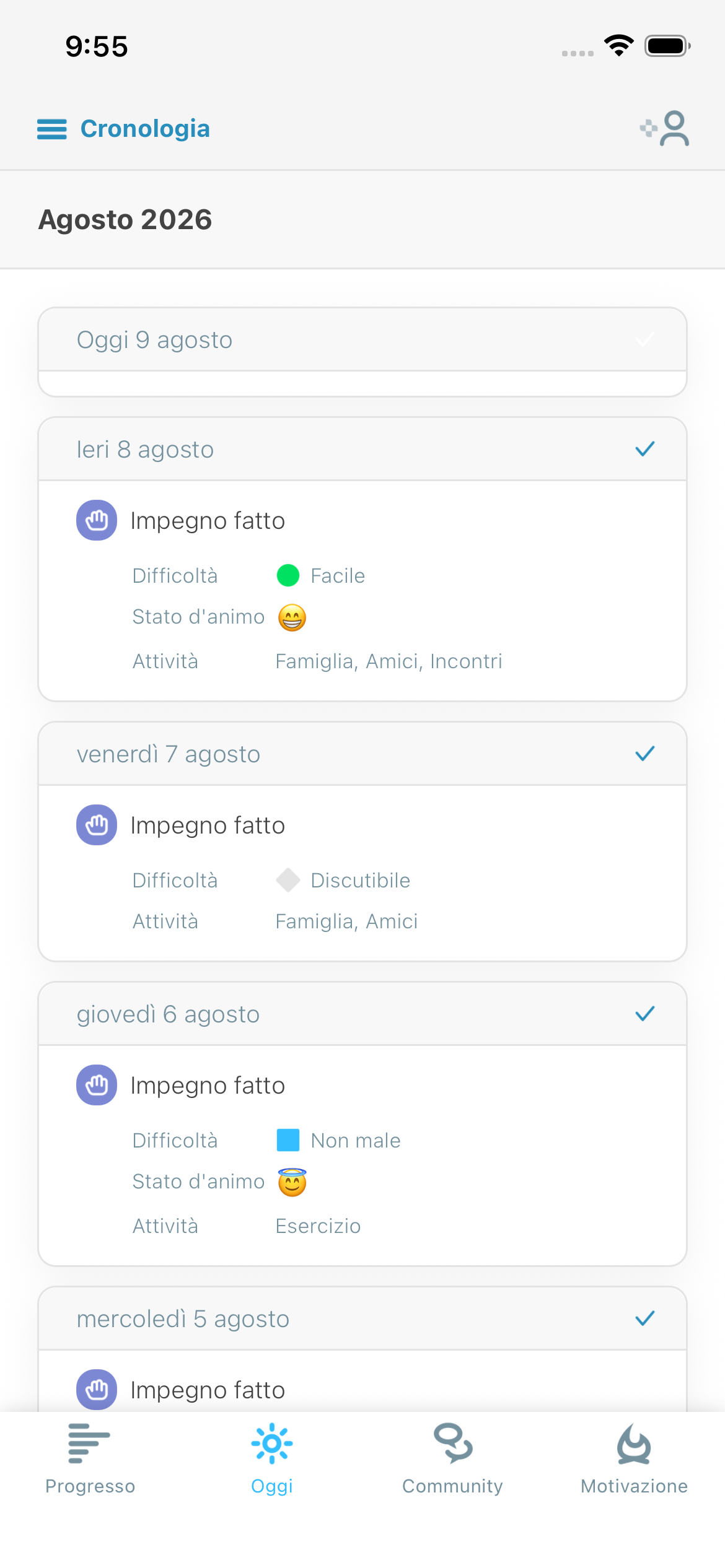 Schermata di riflessione quotidiana con difficoltà, umore e attività