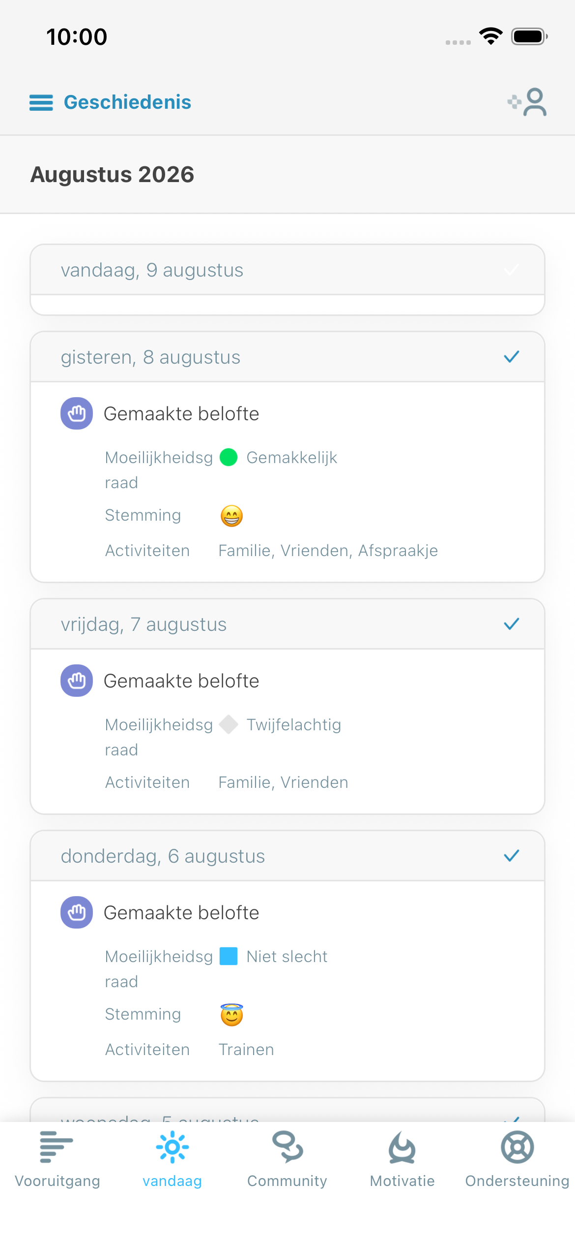 Screenshot van de dagelijkse reflectie met moeilijkheid, stemming en activiteiten