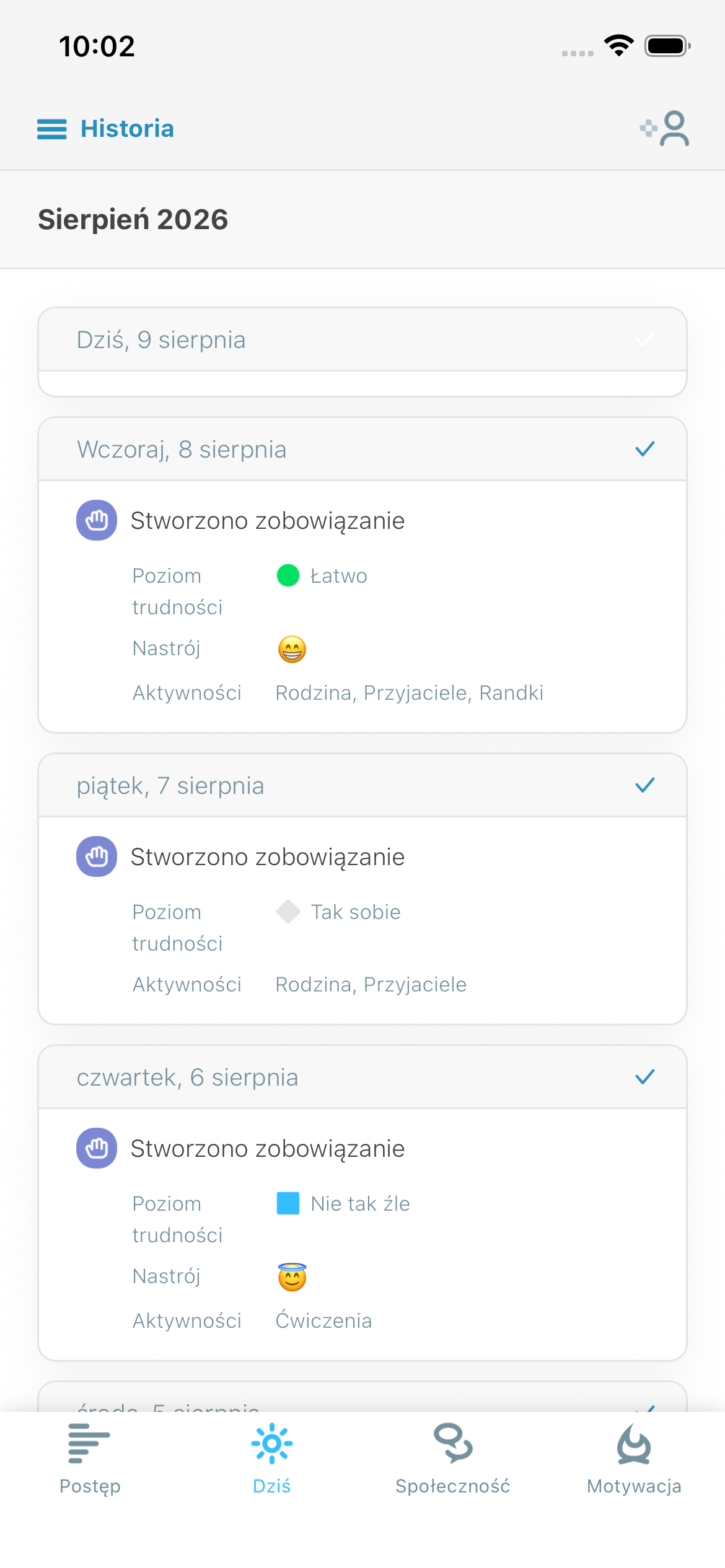 Zrzut ekranu codziennej refleksji pokazujący trudność, nastrój i aktywności